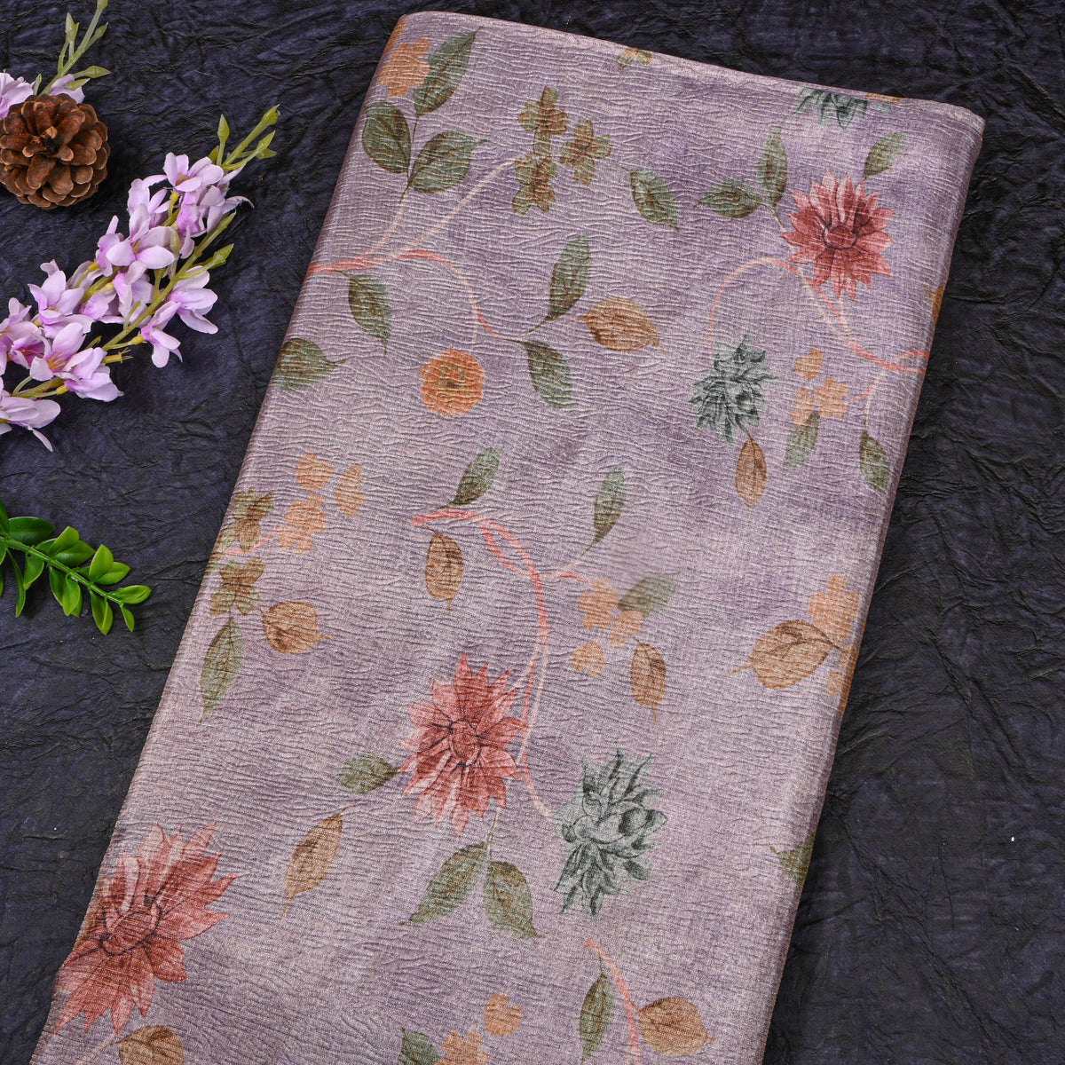 Wisteria Dahlia Floral Print Tussar Silk Fabric