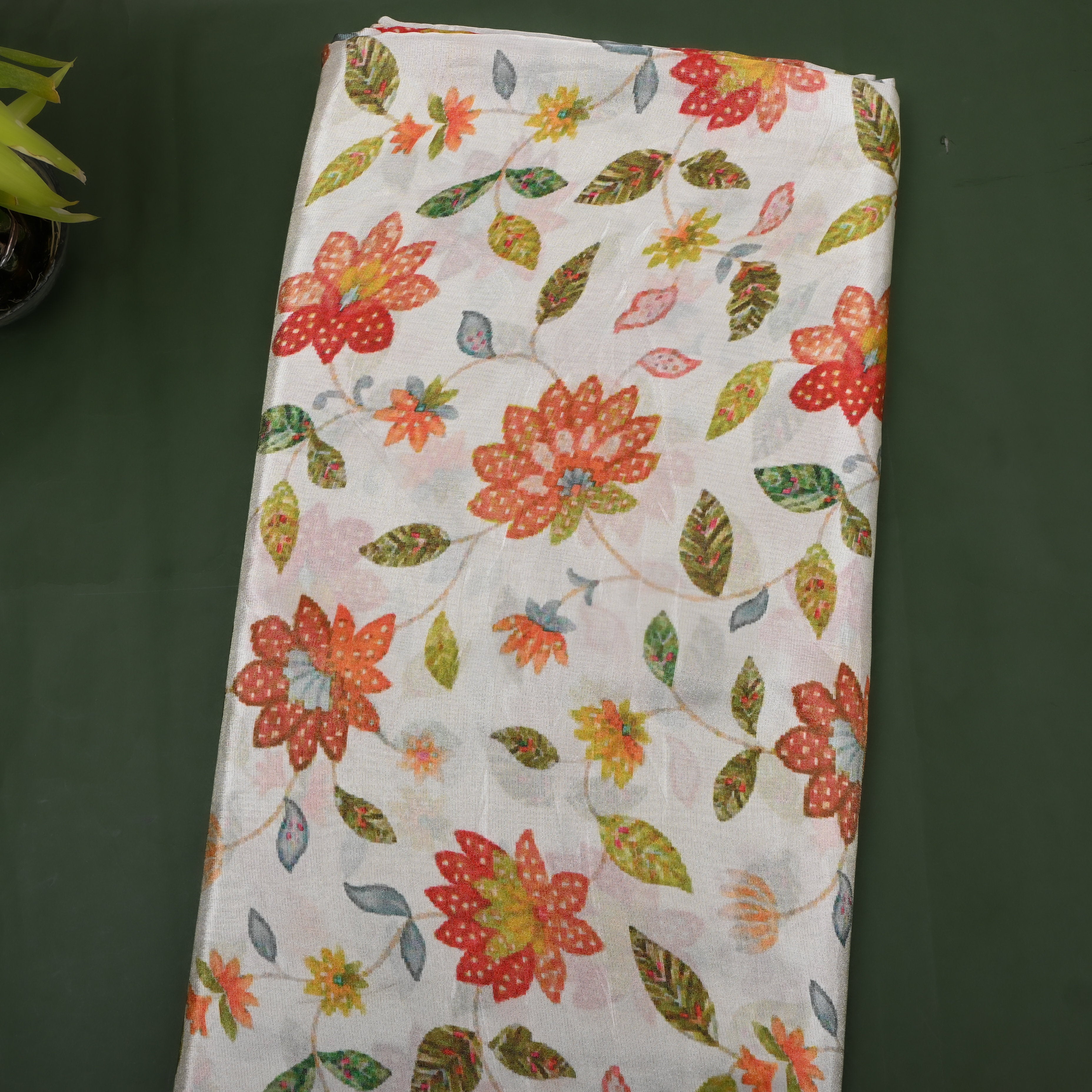 Ivory Autumn Leaf Digital Print Tissue Fabric