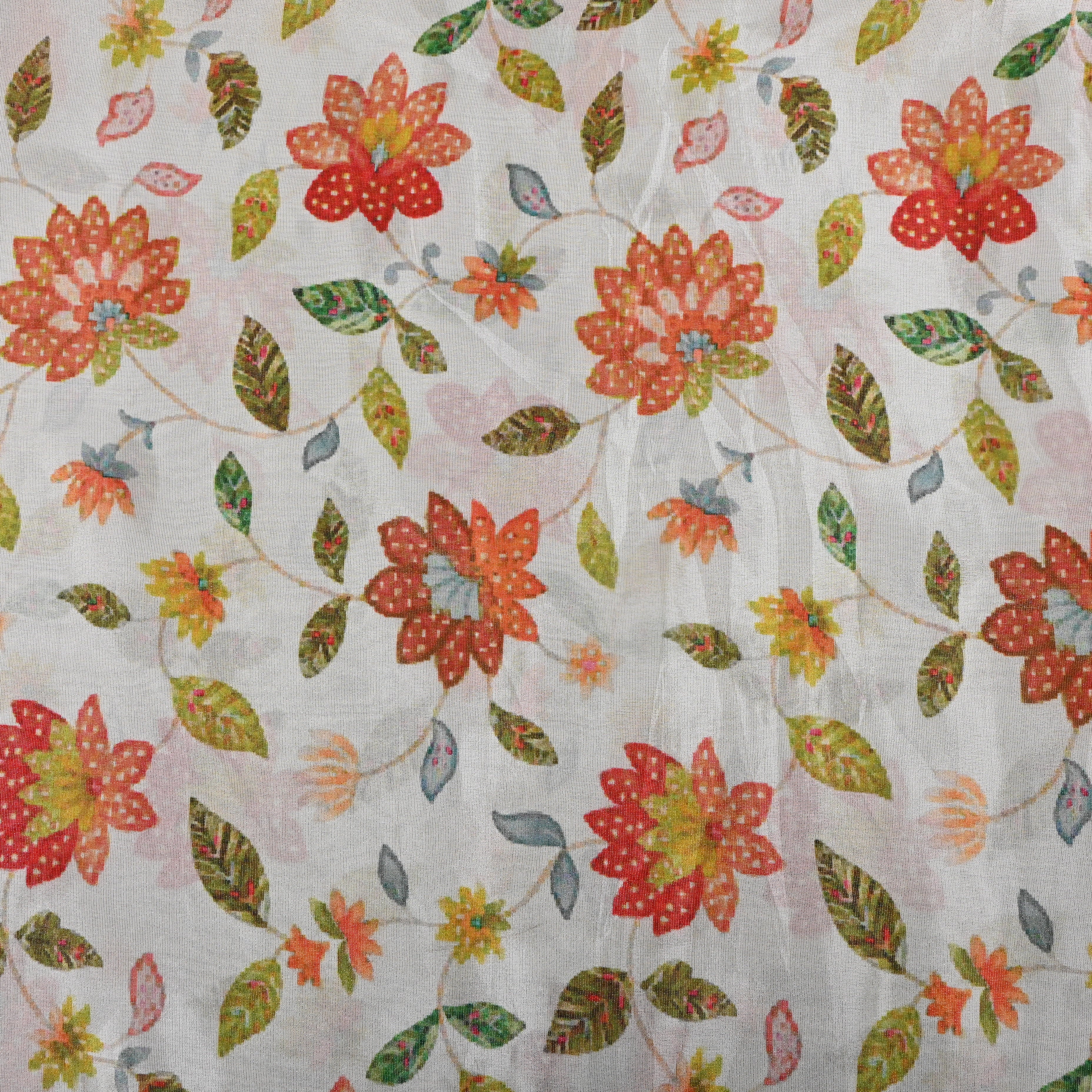 Ivory Autumn Leaf Digital Print Tissue Fabric