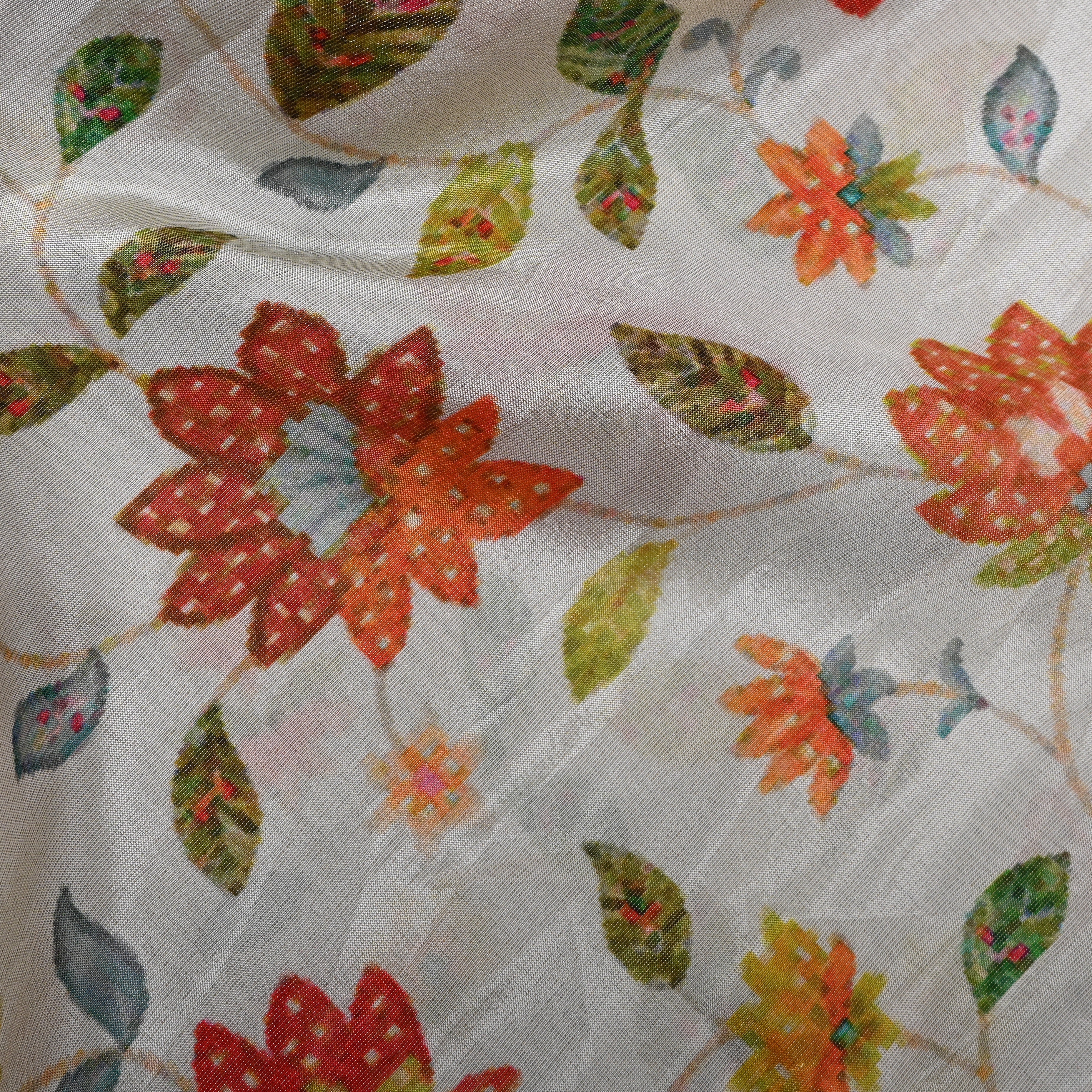 Ivory Autumn Leaf Digital Print Tissue Fabric