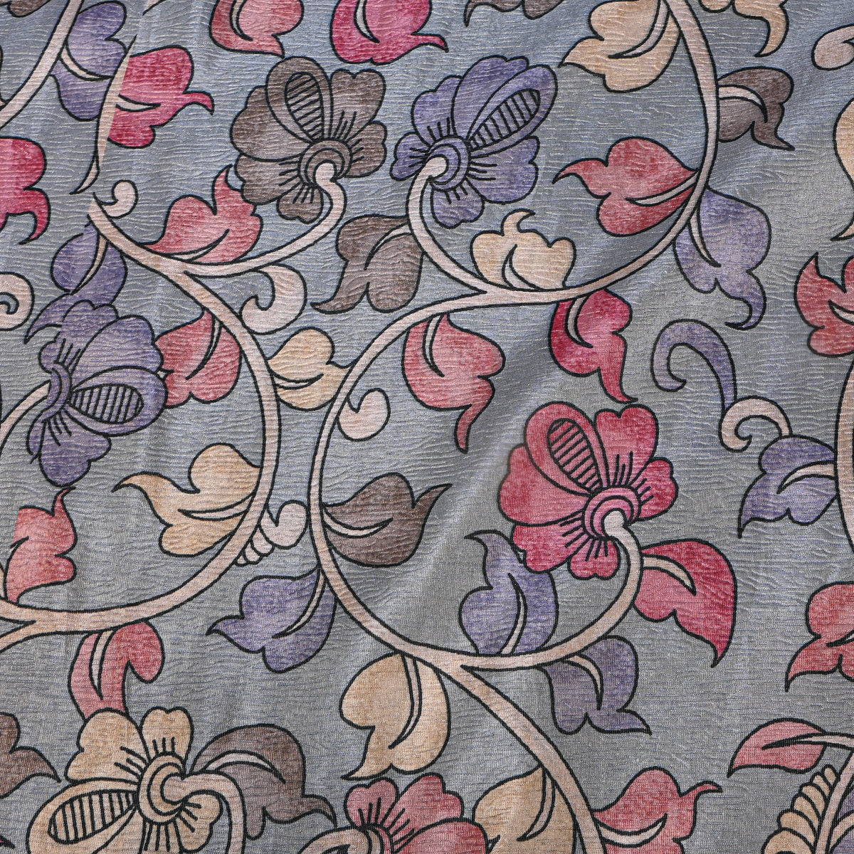 Smoke Grey Kalamkari Vine Print Tussar Silk Fabric