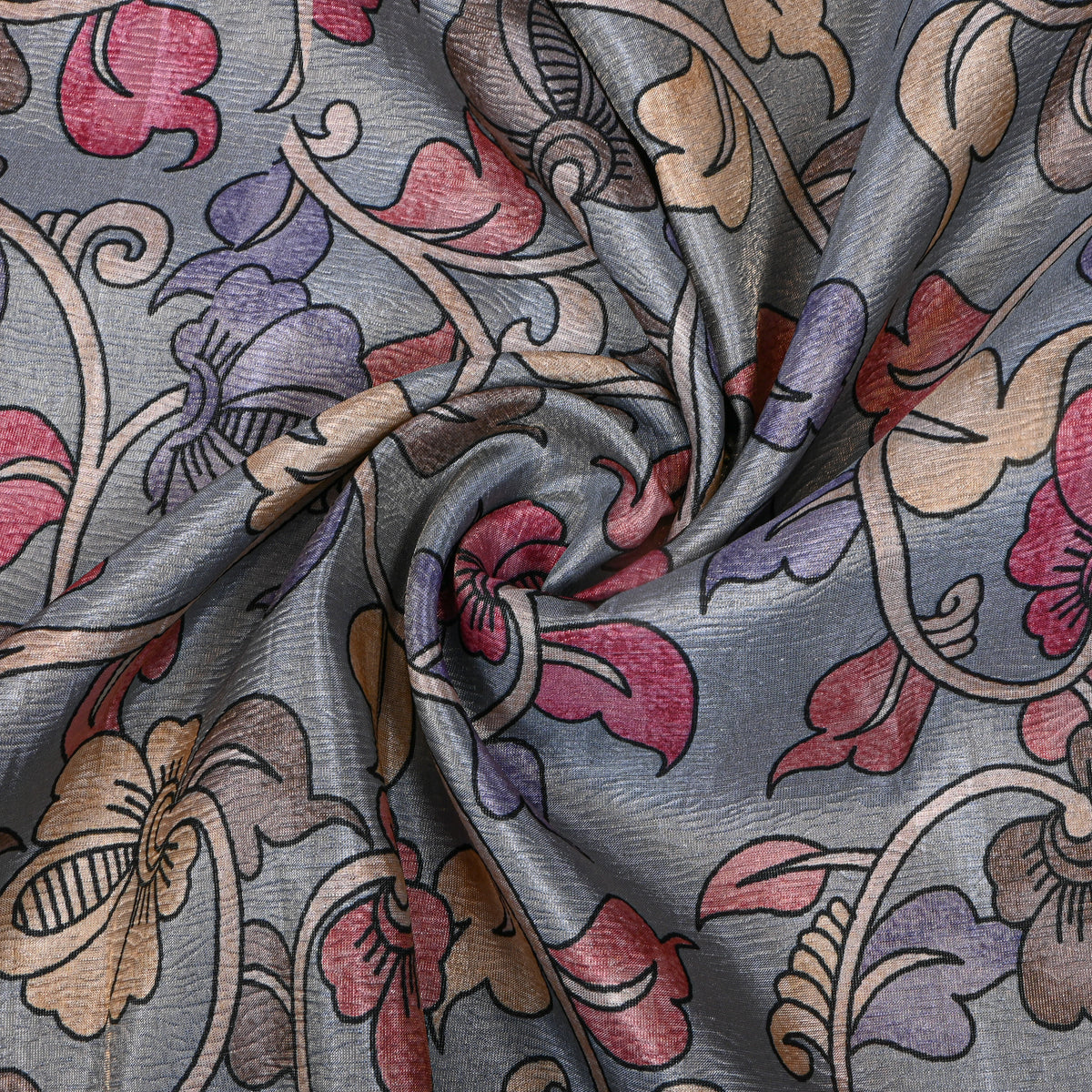 Smoke Grey Kalamkari Vine Print Tussar Silk Fabric