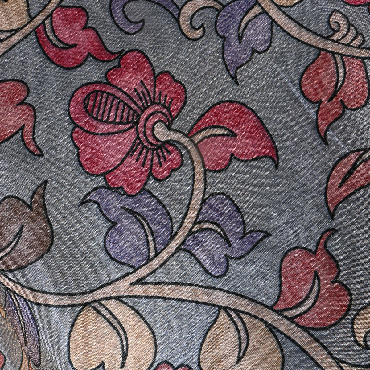 Smoke Grey Kalamkari Vine Print Tussar Silk Fabric