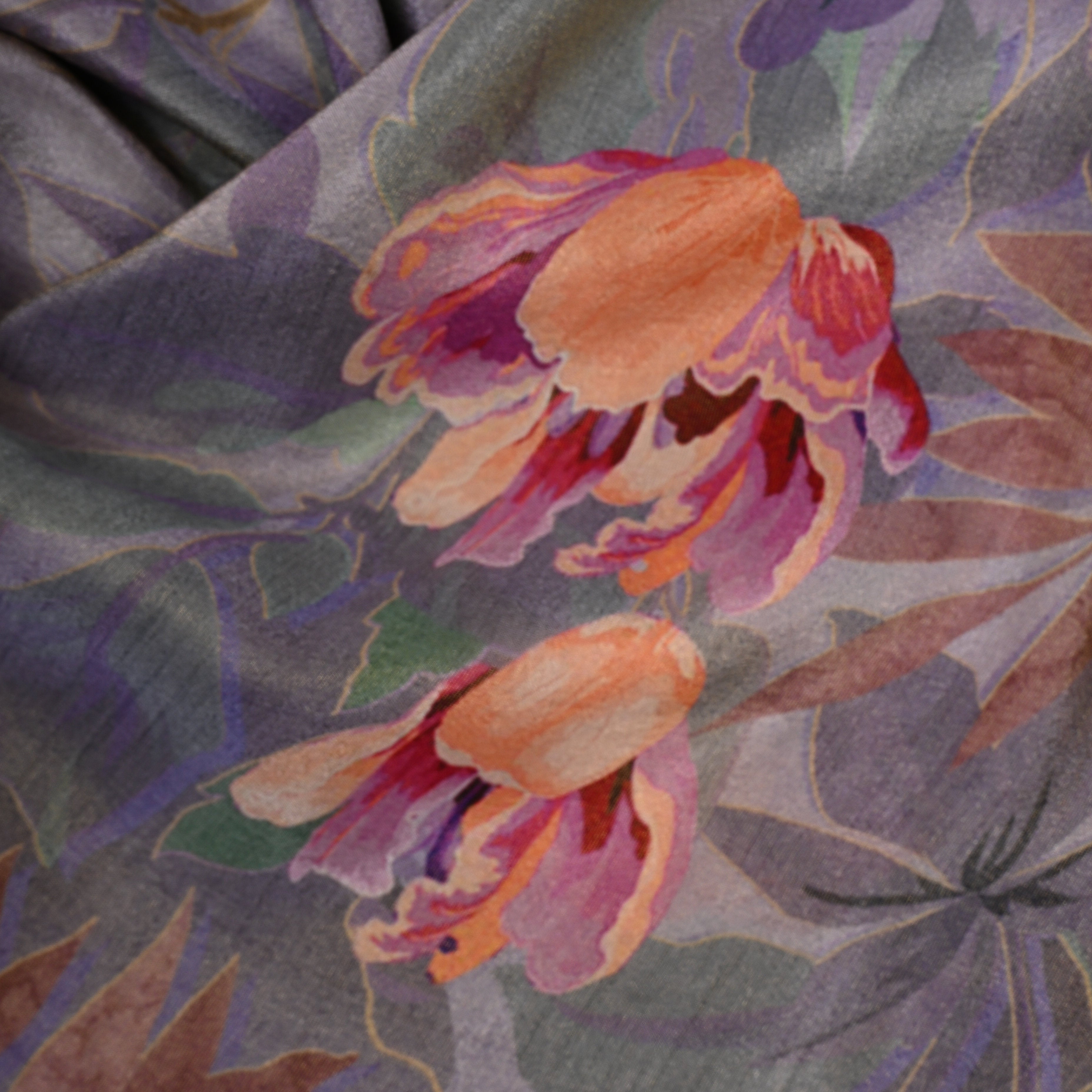 Gray Multicolour Floral Digital Print Tissue Fabric