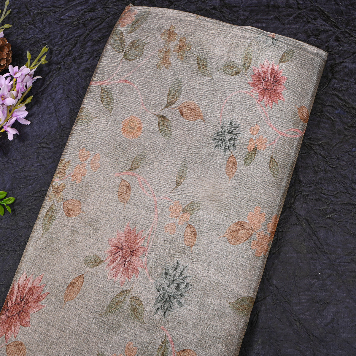 Pewter Dahlia Print Tussar Silk Fabric
