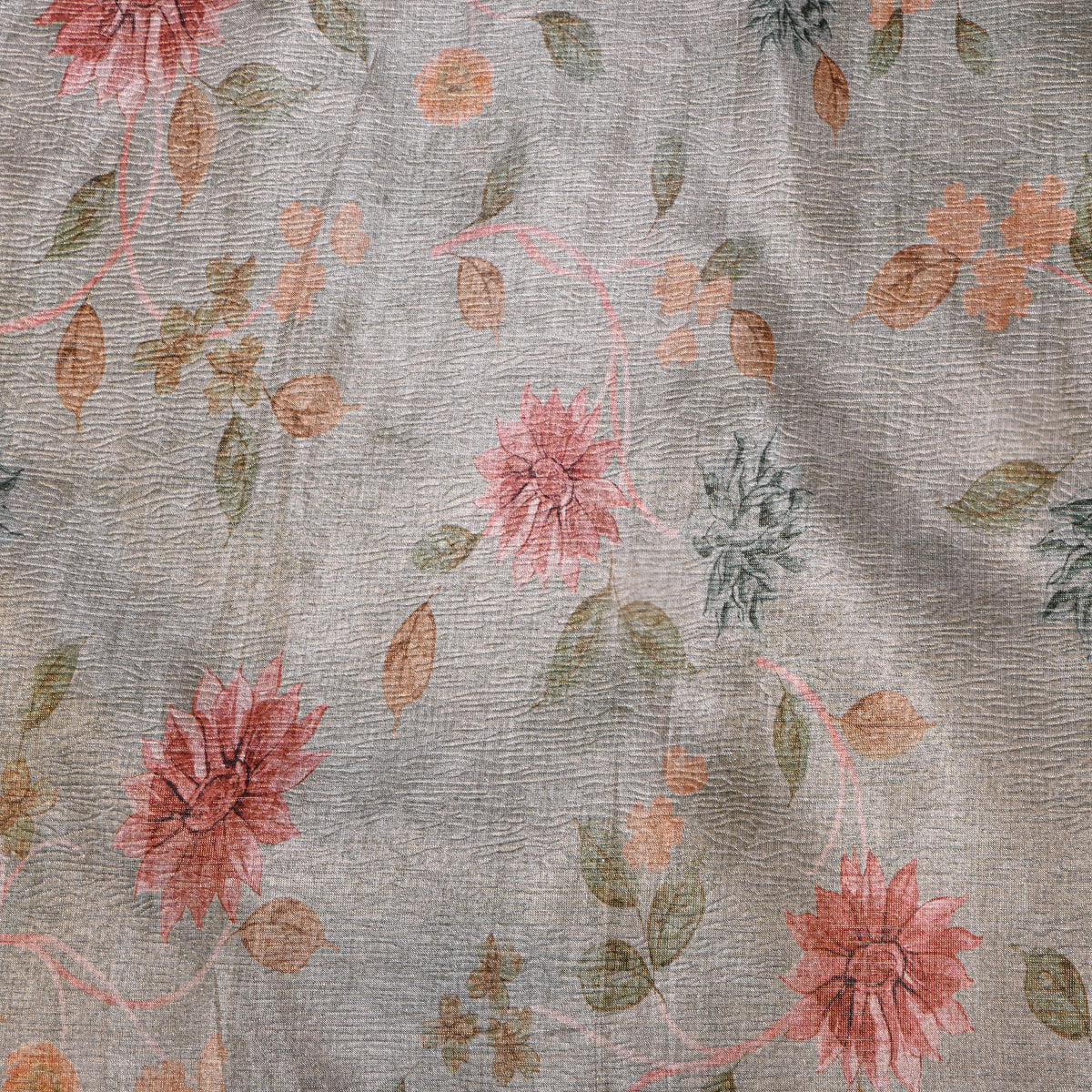 Pewter Dahlia Print Tussar Silk Fabric