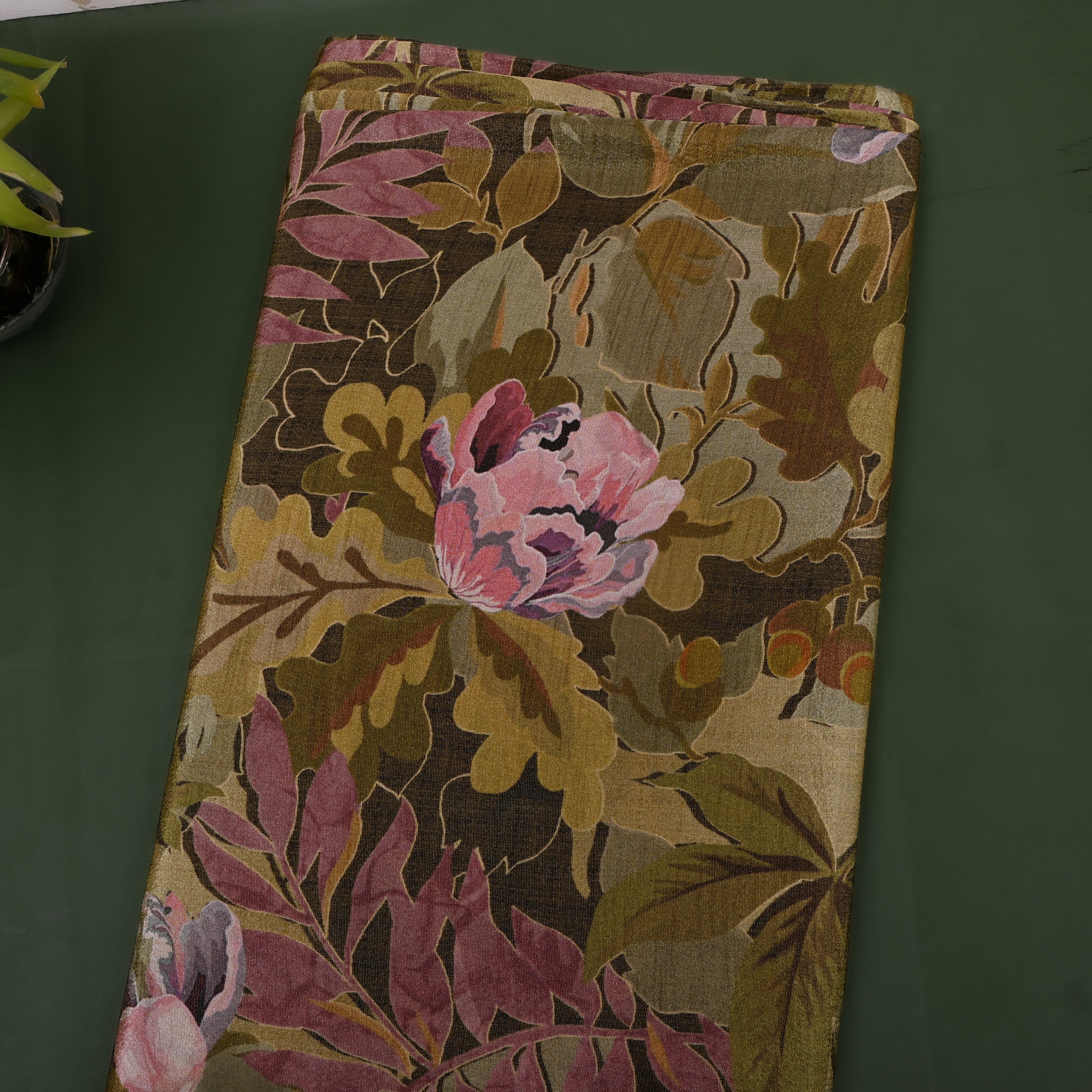 Olive Brown Autumn Foliage Digital Print Tissue Fabric