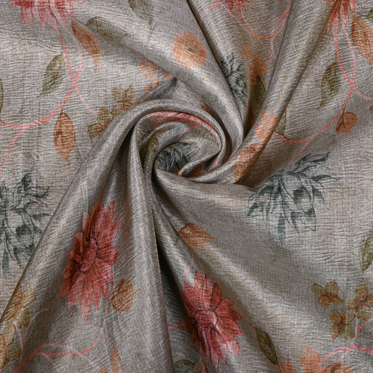 Pewter Dahlia Print Tussar Silk Fabric