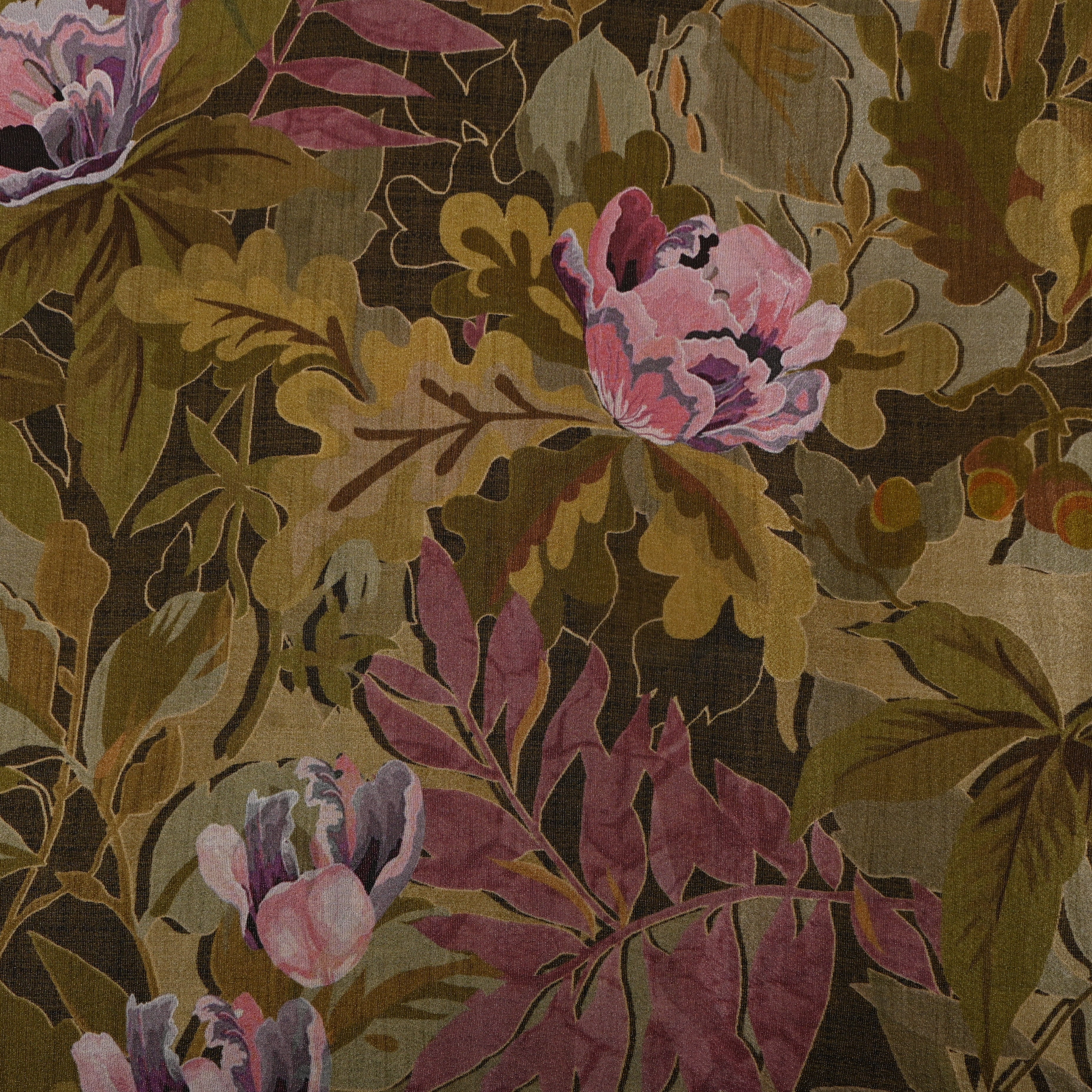 Olive Brown Autumn Foliage Digital Print Tissue Fabric