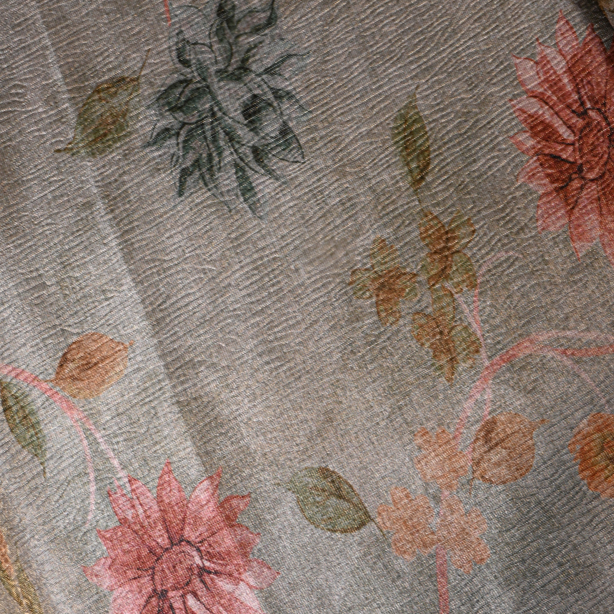 Pewter Dahlia Print Tussar Silk Fabric