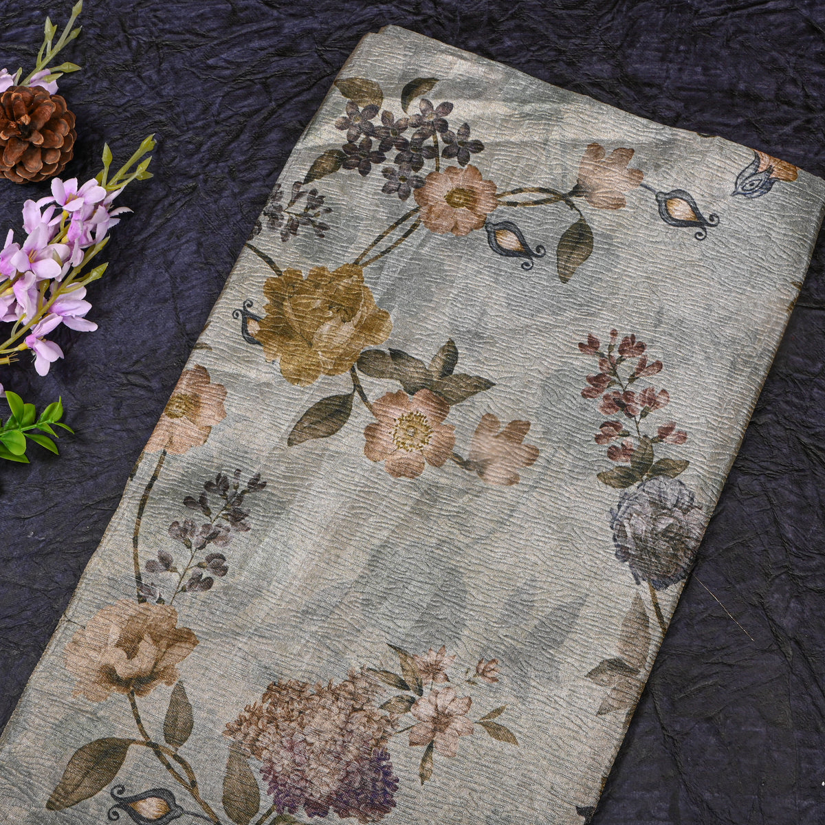 Silver Mist Rose And Hydrangea Print Tussar Silk Fabric