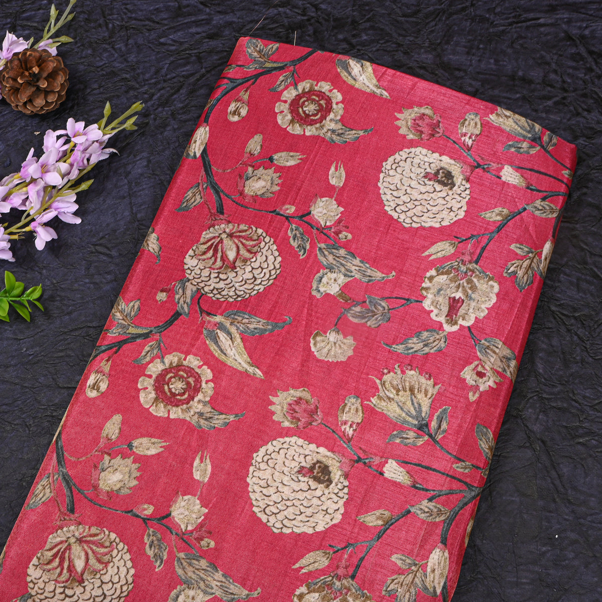 Pastel Pink Botanical Printed Tissue Fabric With Gold Zari Border