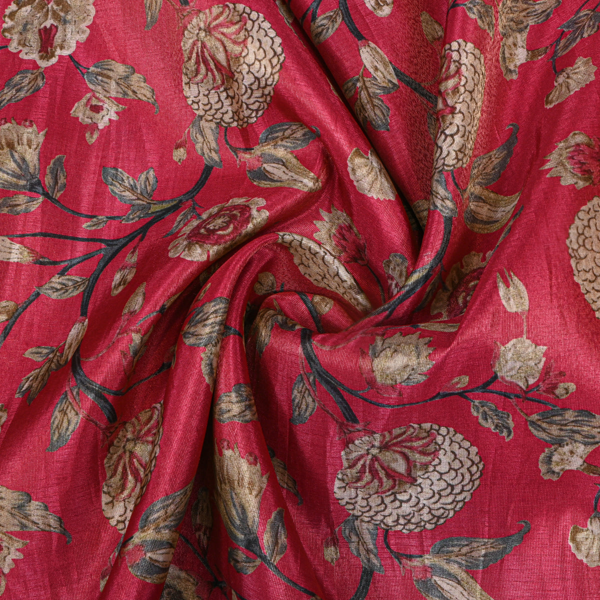 Pastel Pink Botanical Printed Tissue Fabric With Gold Zari Border