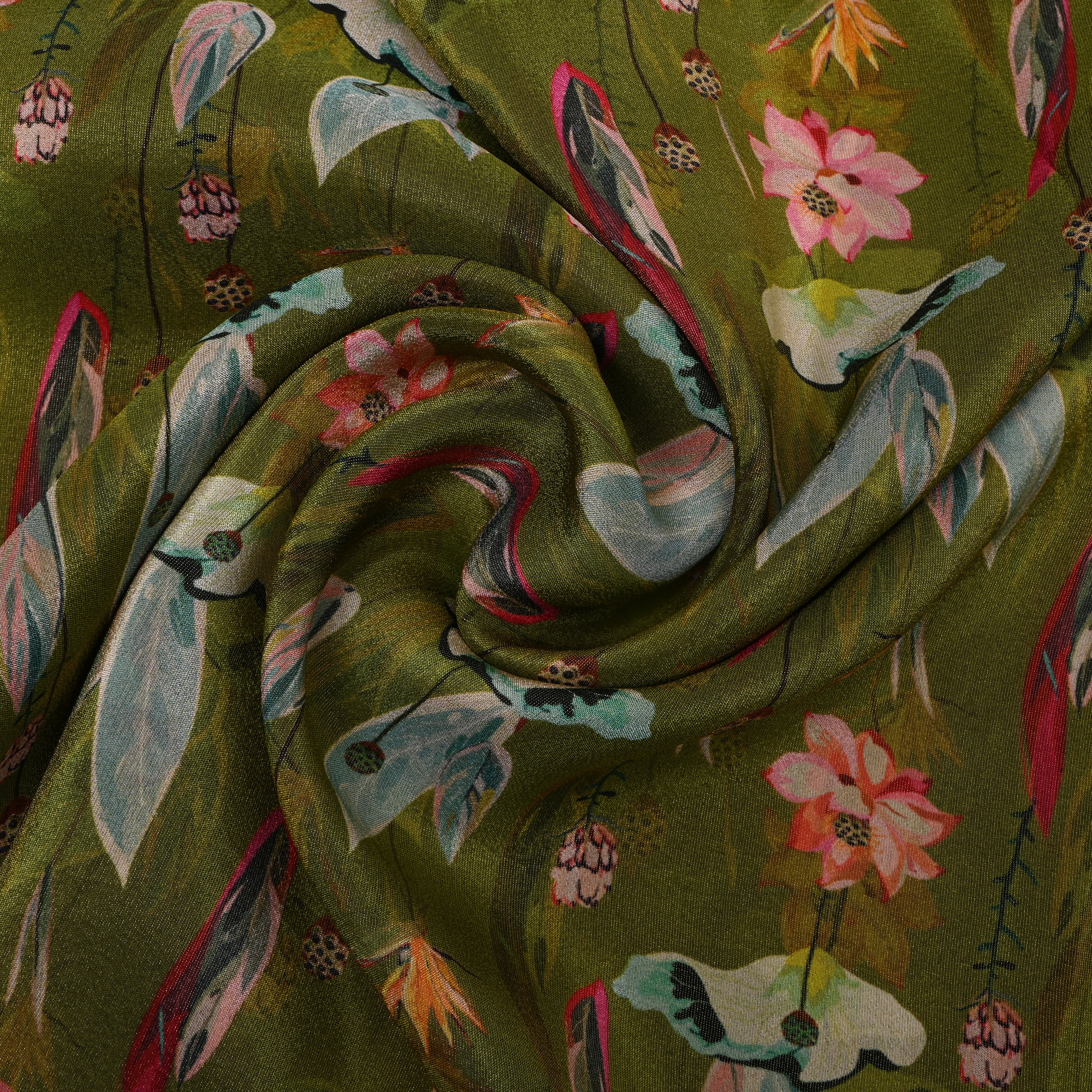 Olive Green Lotus Bird Digital Print Tissue Fabric