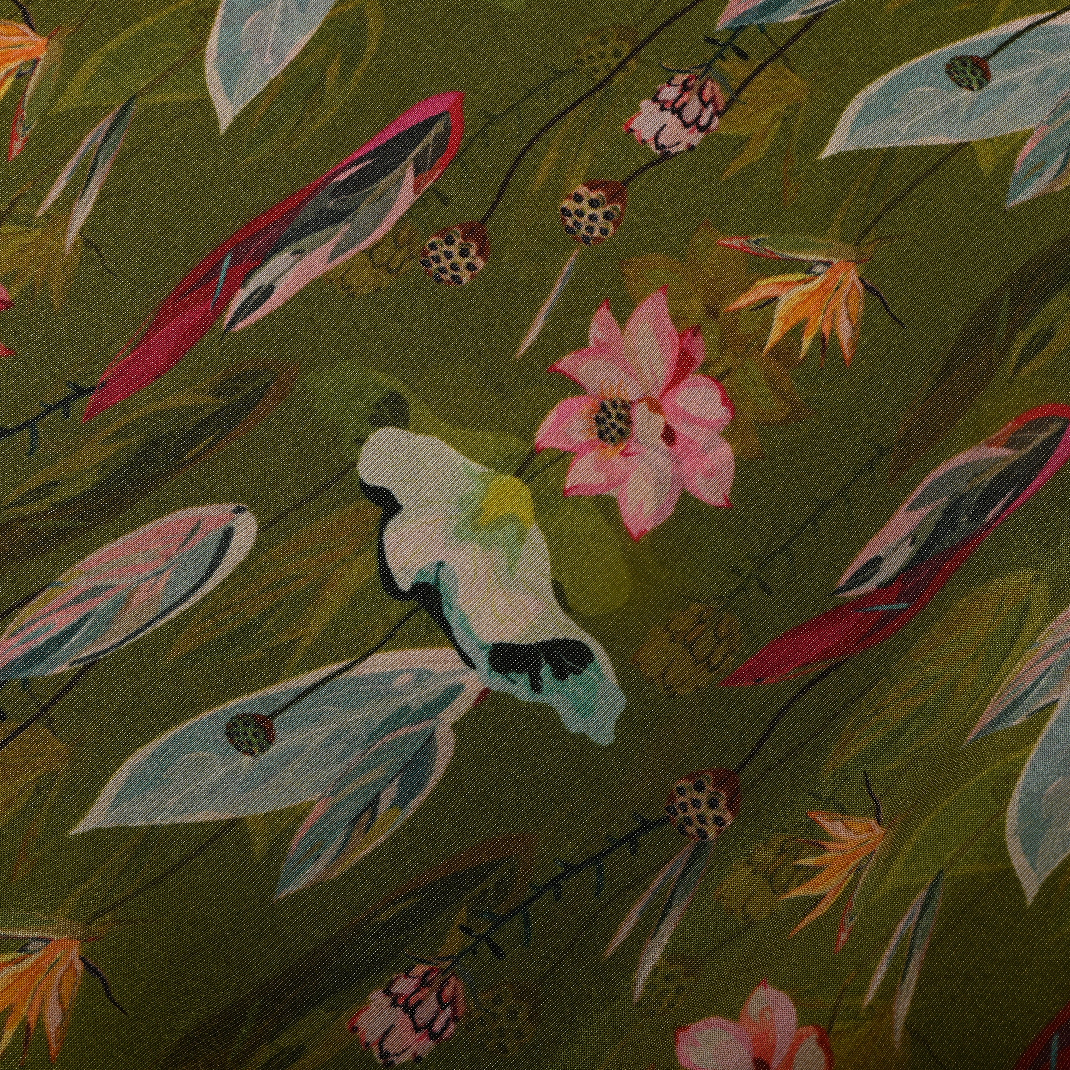 Olive Green Lotus Bird Digital Print Tissue Fabric