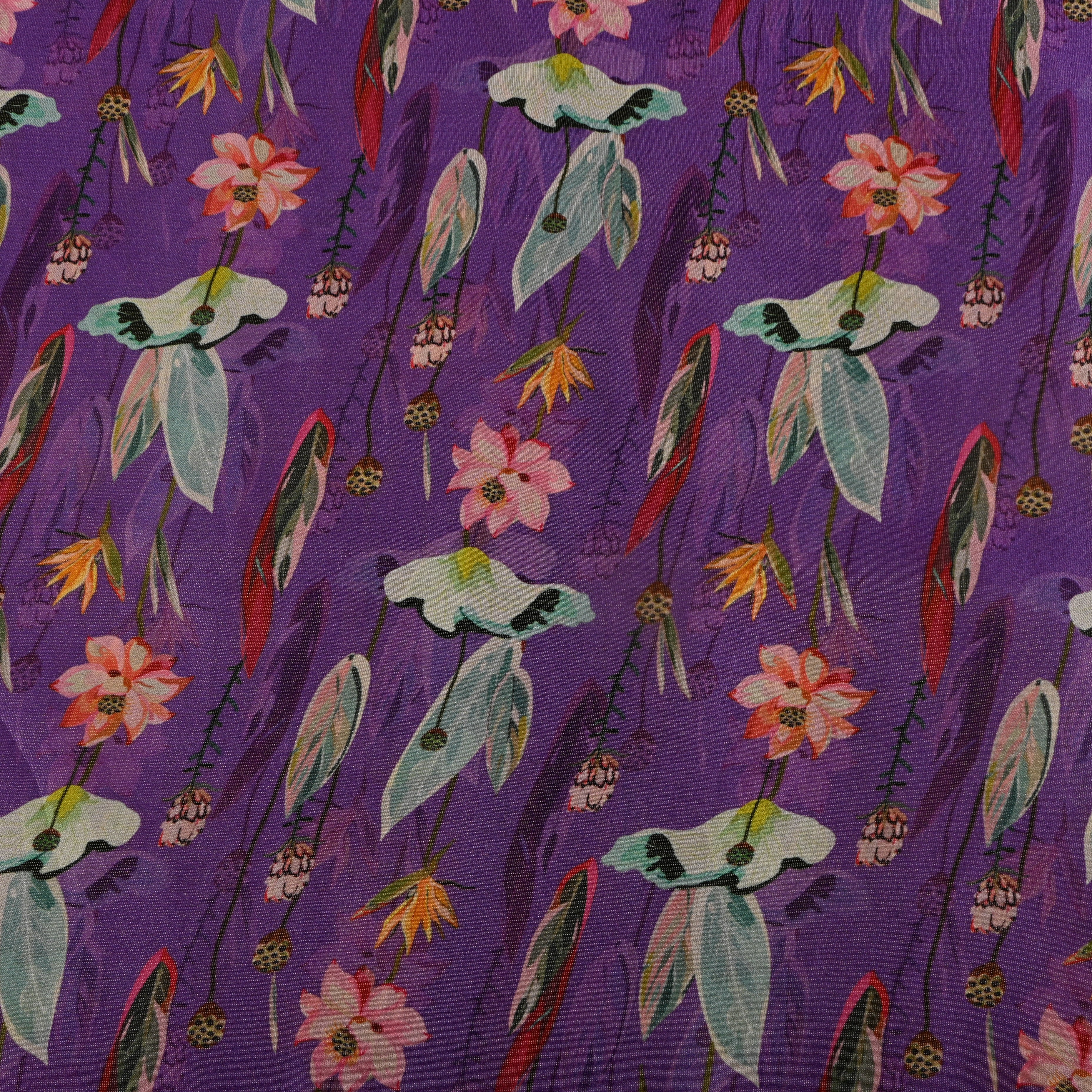 Royal Purple Lotus Digital Print Tissue Fabric