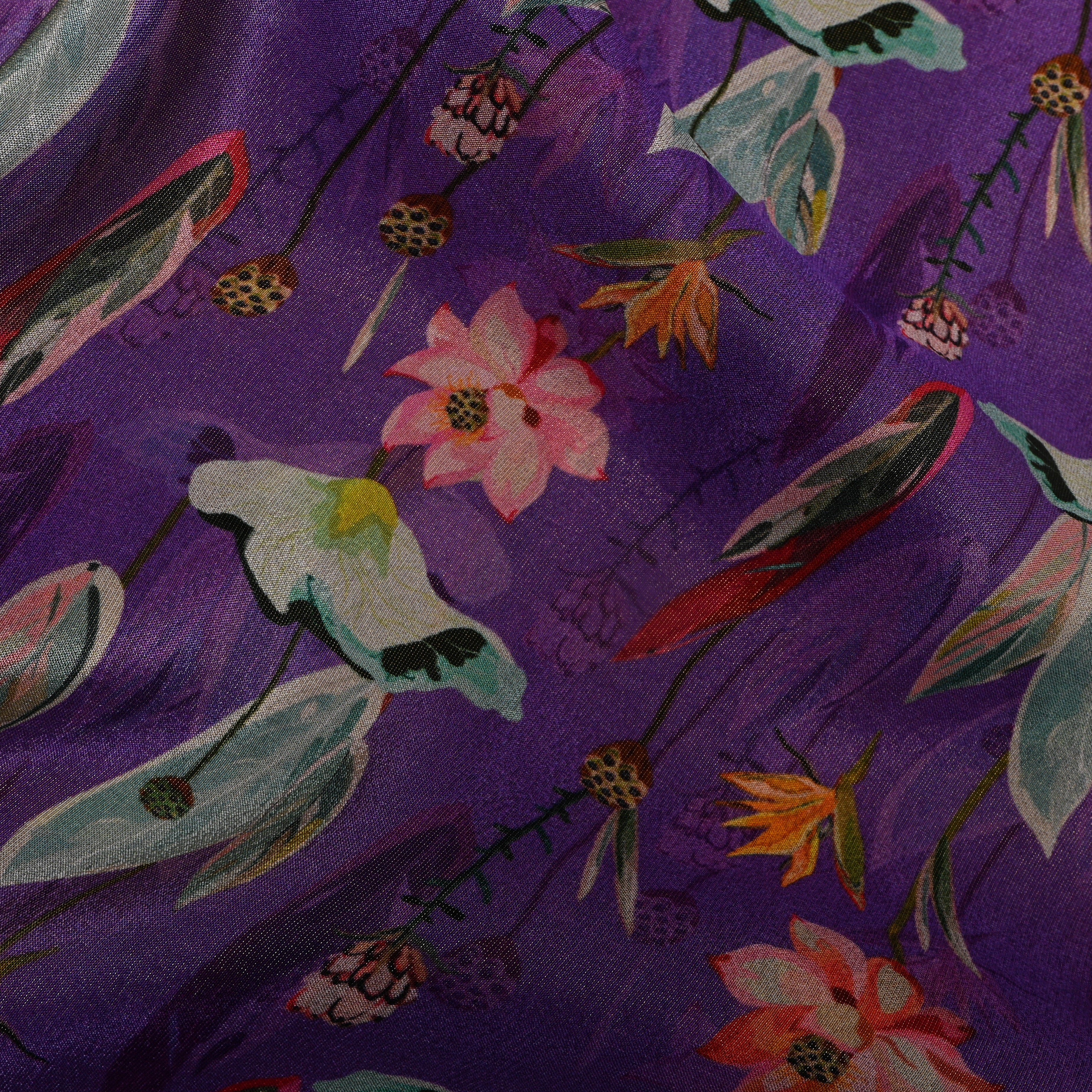Royal Purple Lotus Digital Print Tissue Fabric