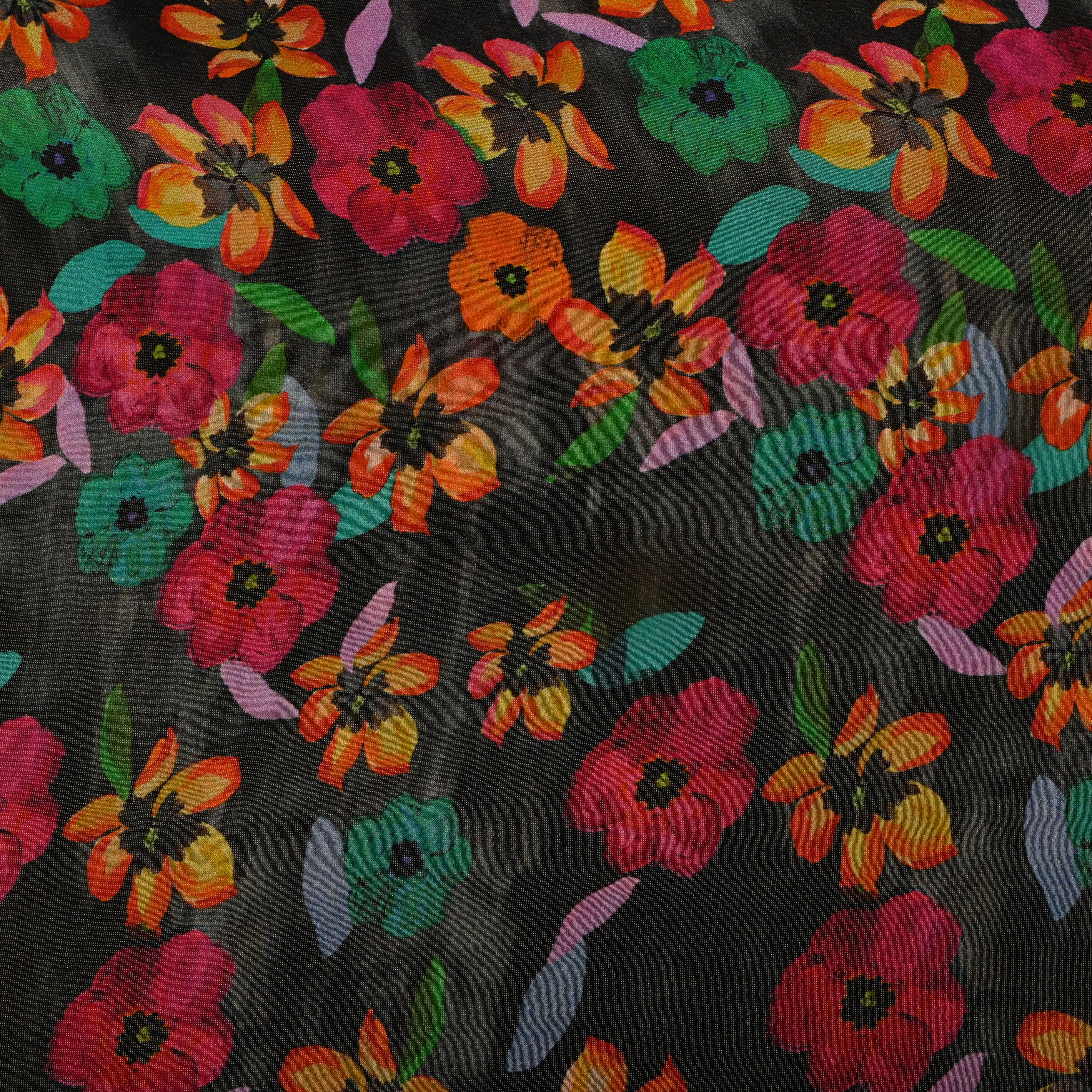 Charcoal Multicolour Floral Digital Print Tissue Fabric