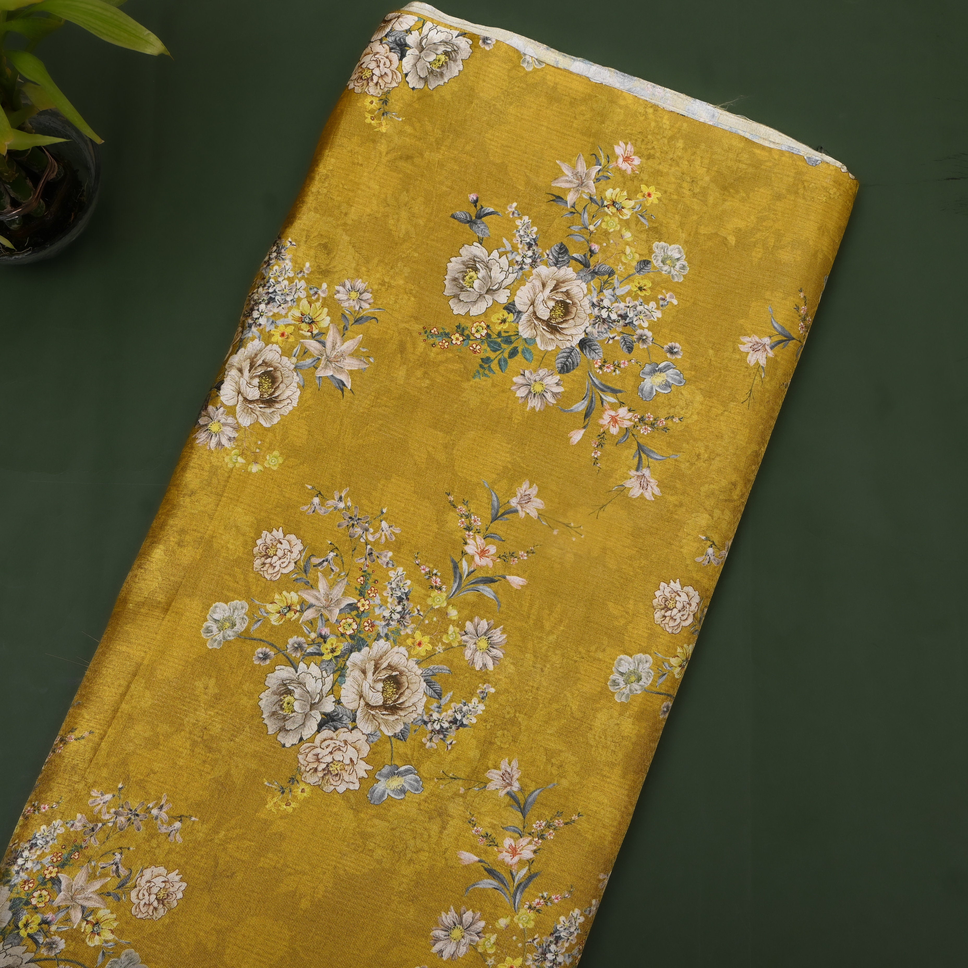 Mustard Yellow Floral Bouquet Tissue Embroidery Fabric