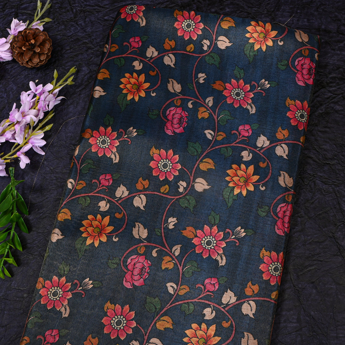 Royal Blue Vine Floral Printed Tissue Fabric