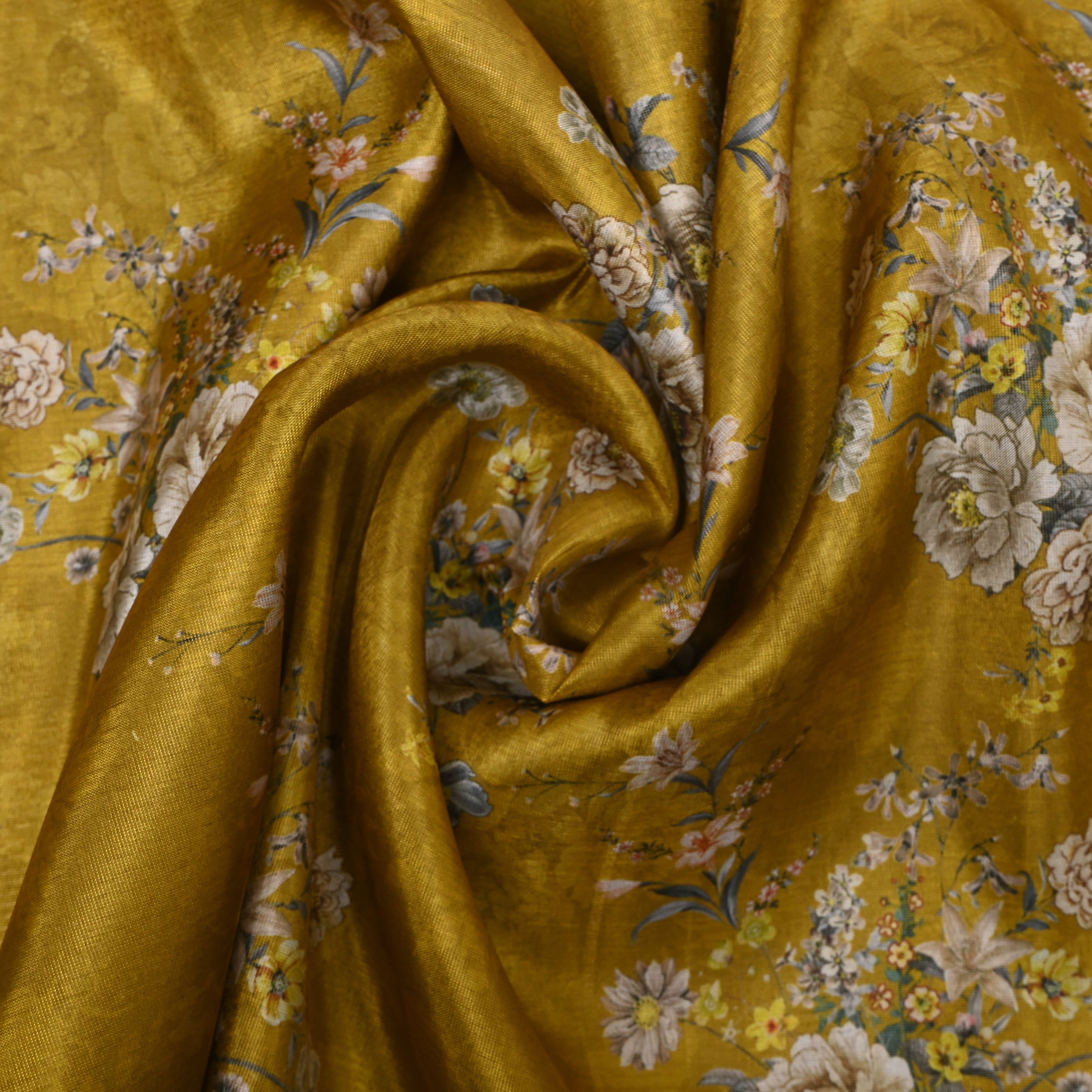 Mustard Yellow Floral Bouquet Tissue Embroidery Fabric