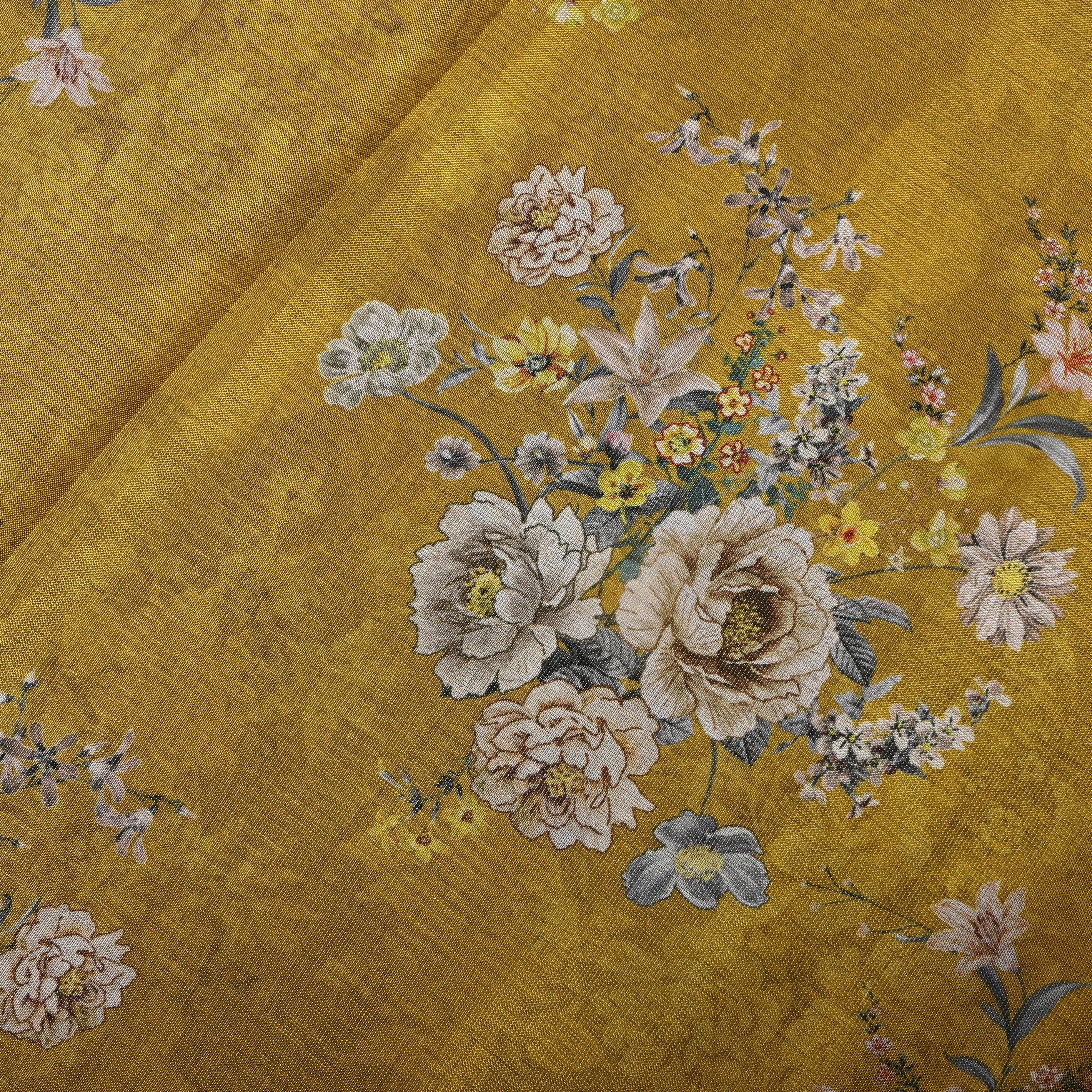 Mustard Yellow Floral Bouquet Tissue Embroidery Fabric