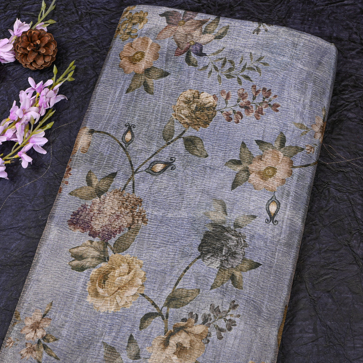Periwinkle Rose And Hydrangea Print Tussar Silk Fabric