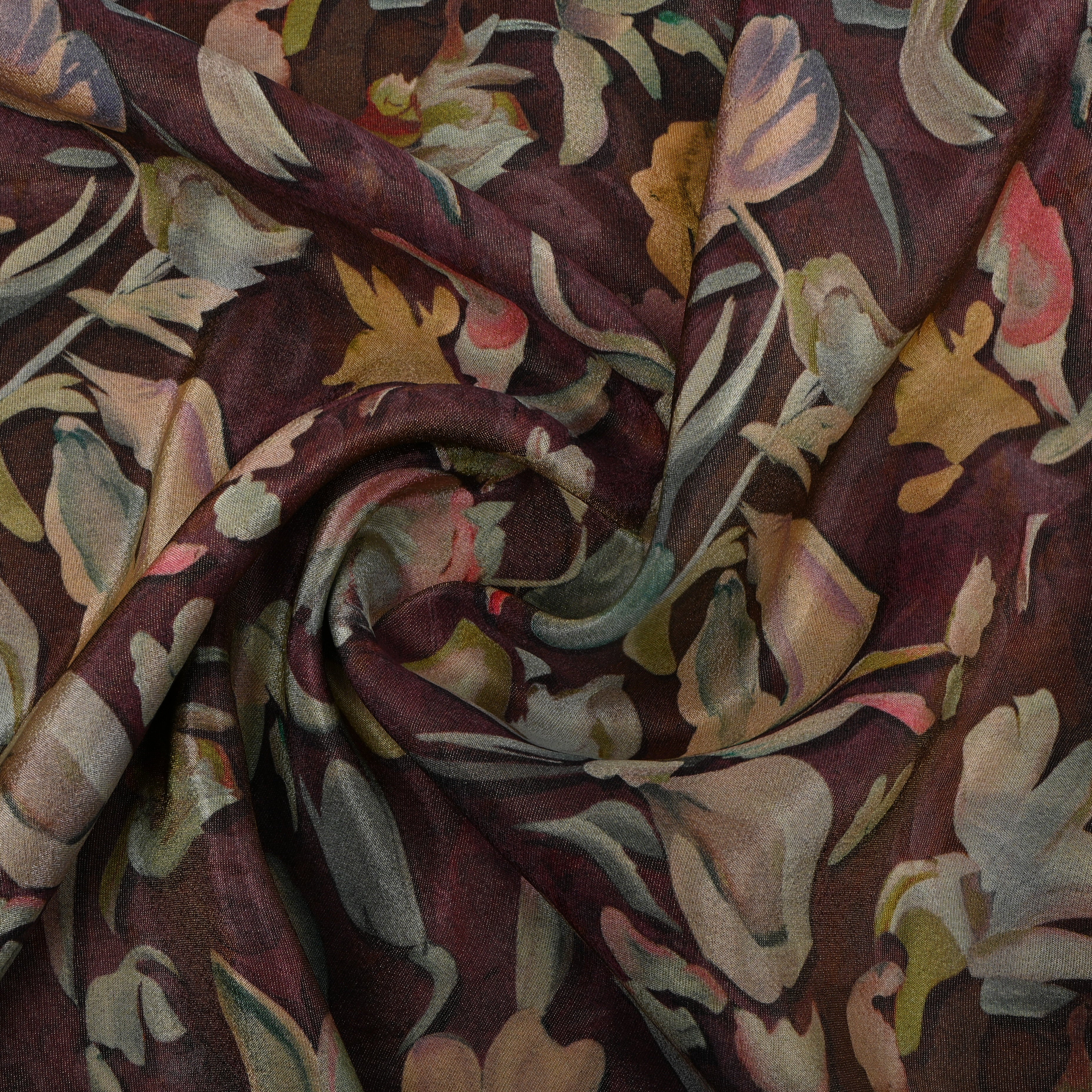 Wine Maroon Floral Digital Print Tissue Fabric