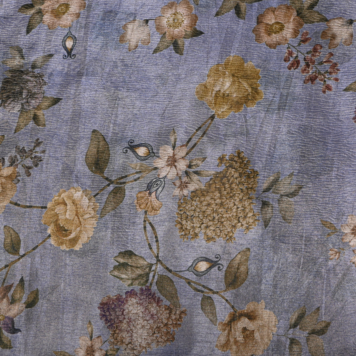 Periwinkle Rose And Hydrangea Print Tussar Silk Fabric