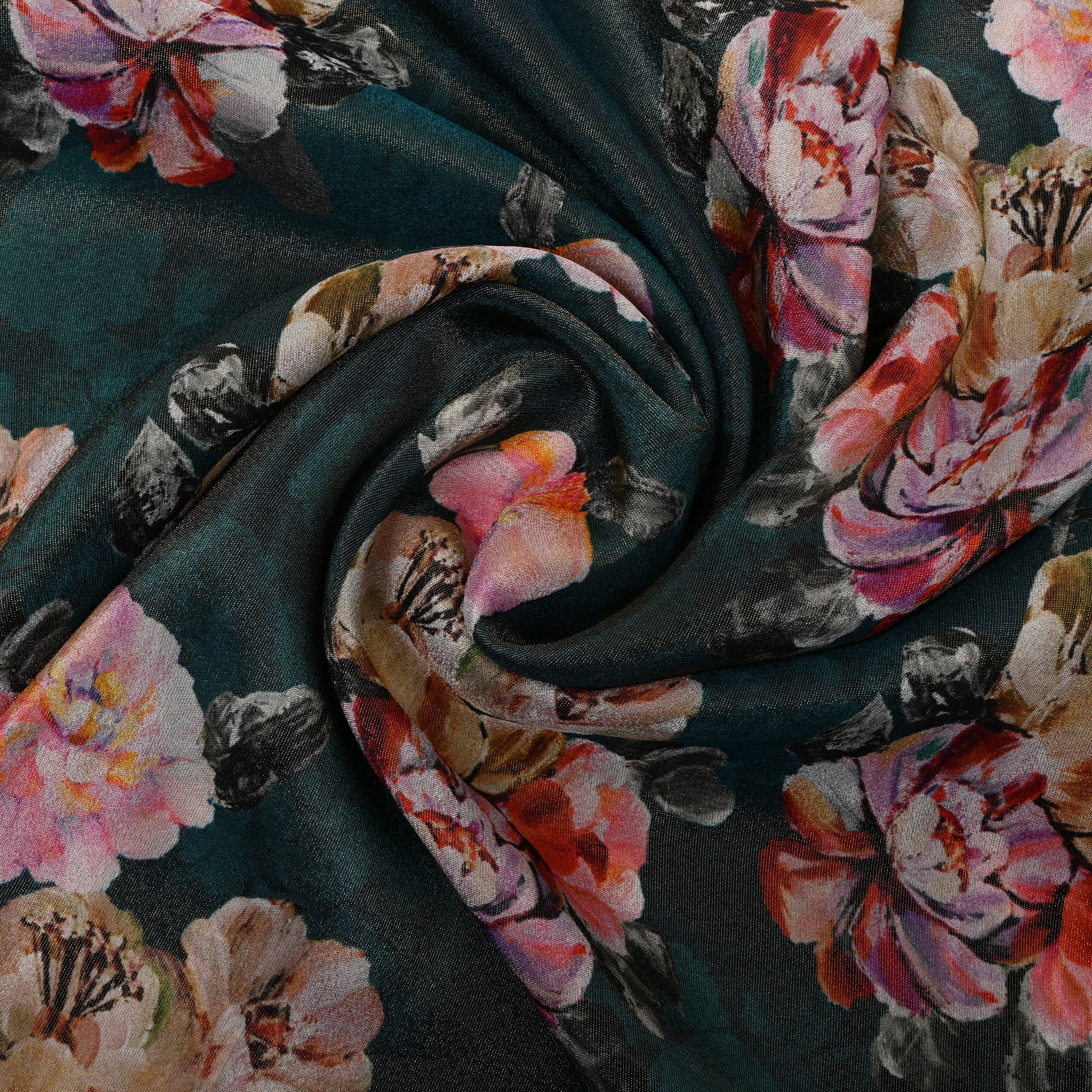 Bottle Green Floral Digital Print Tissue Fabric