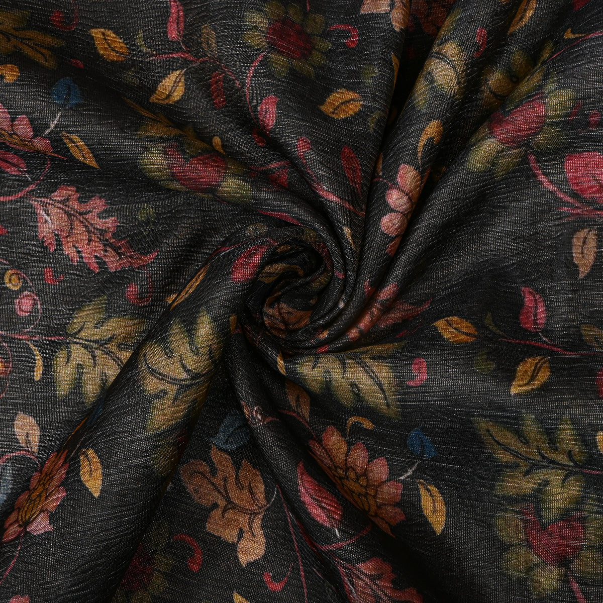 Jet Black Vine Floral Print Tussar Silk Fabric