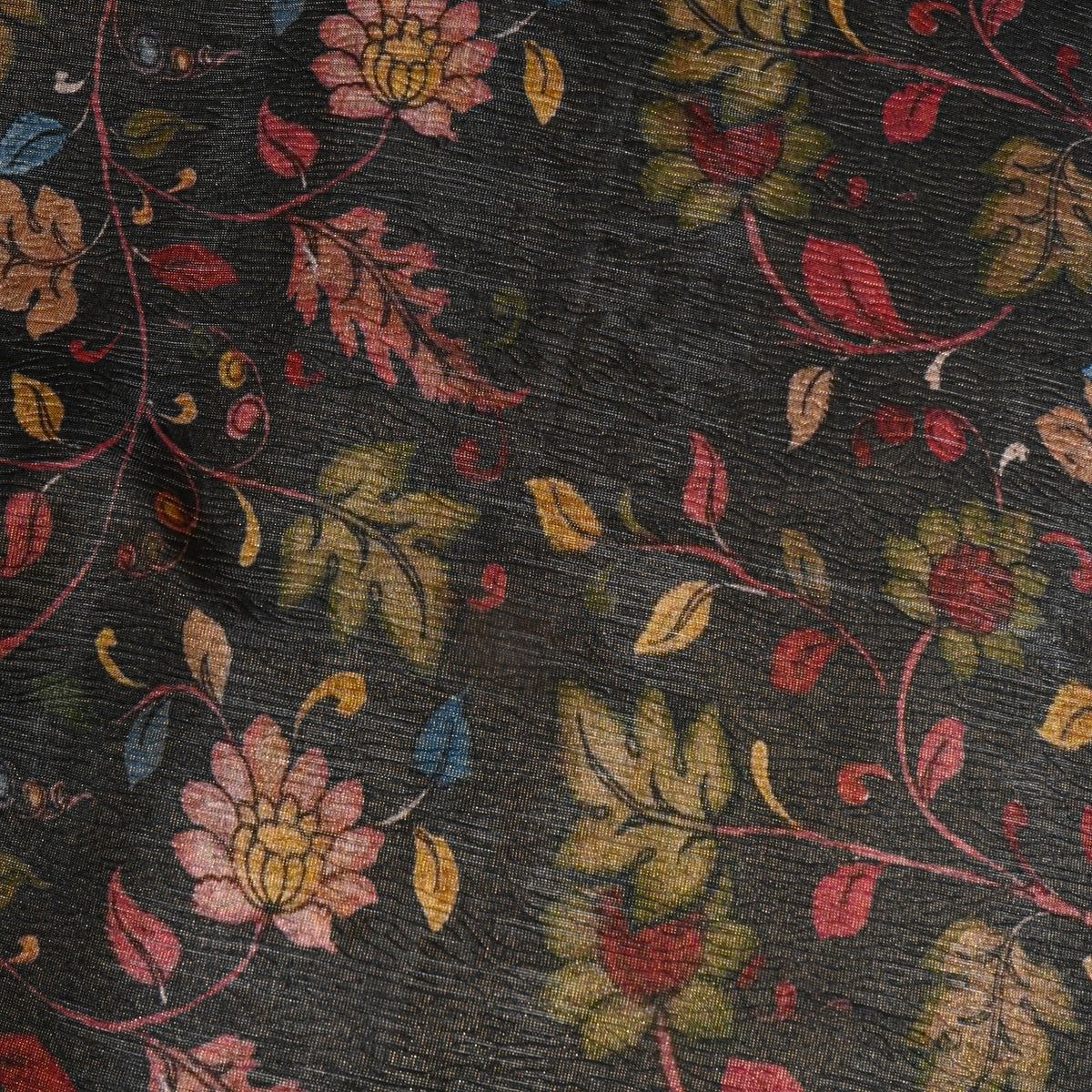 Jet Black Vine Floral Print Tussar Silk Fabric