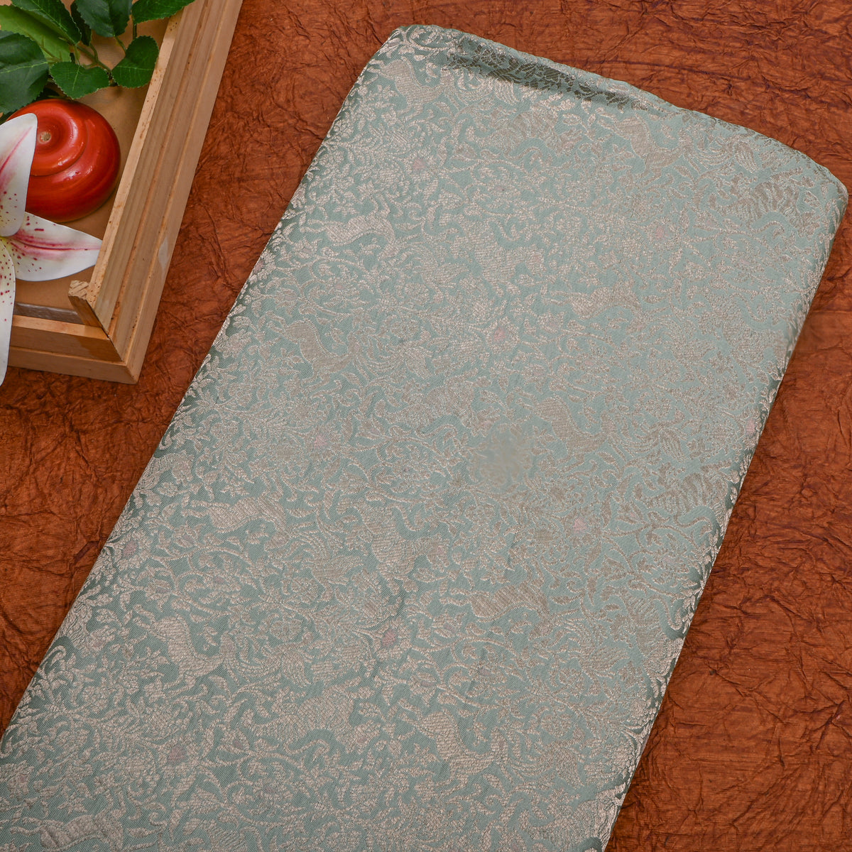 Sea Green Gold Zari Animal Motif Jamawar Silk Fabric