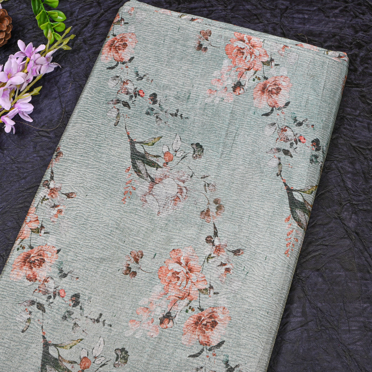 Seafoam Green Rose Spray Print Tussar Silk Fabric
