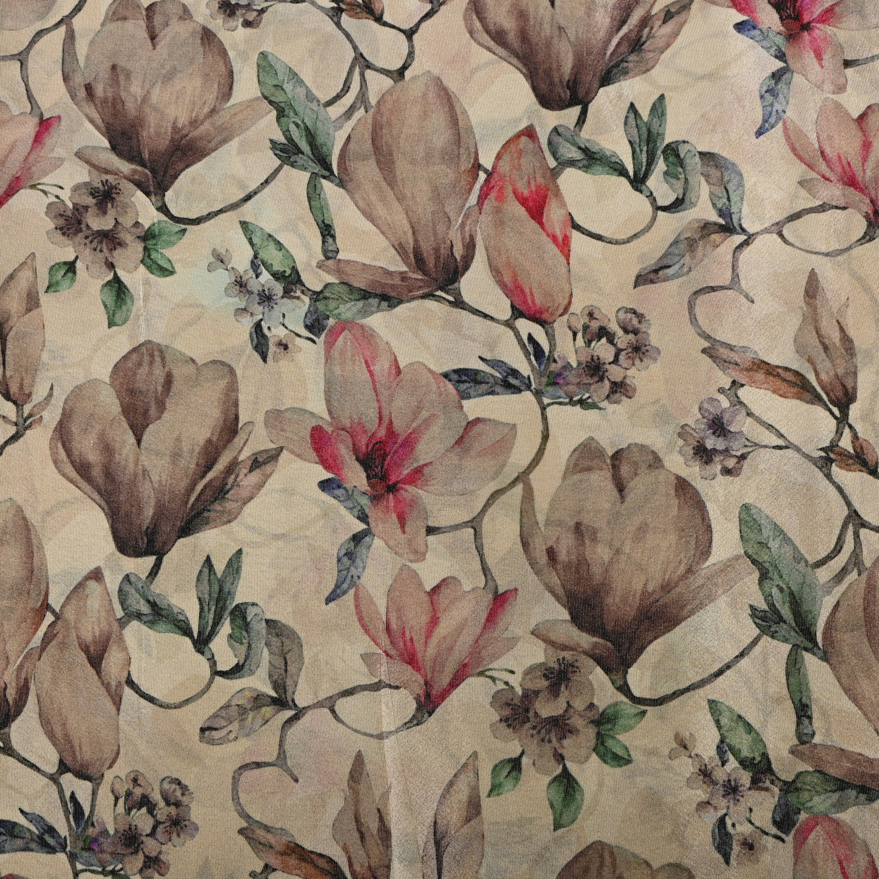Beige Magnolia Digital Print Tissue Fabric
