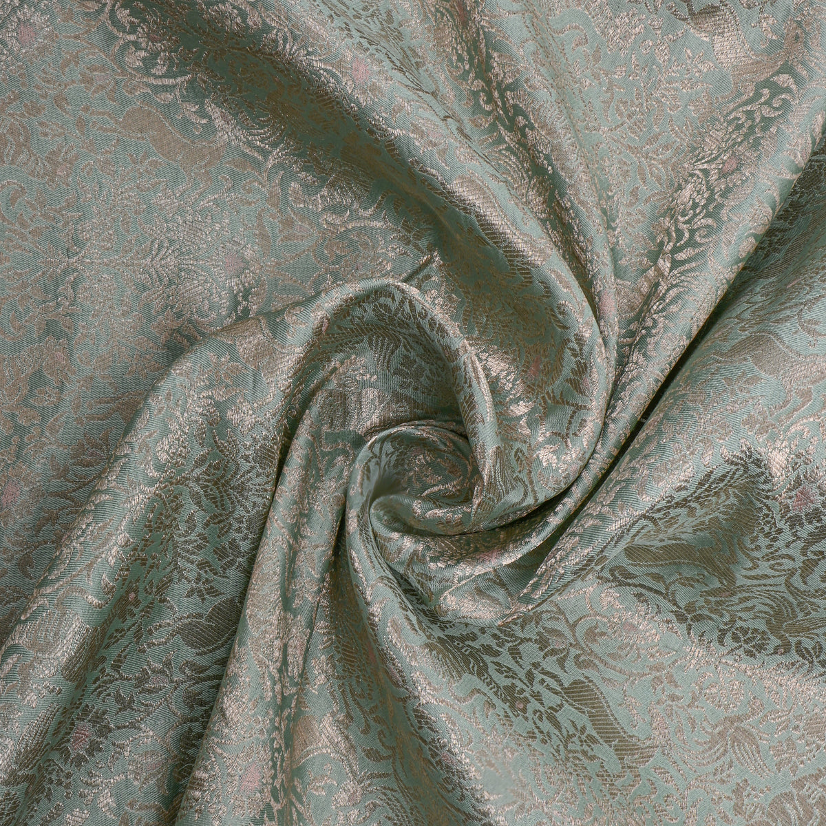 Sea Green Gold Zari Animal Motif Jamawar Silk Fabric