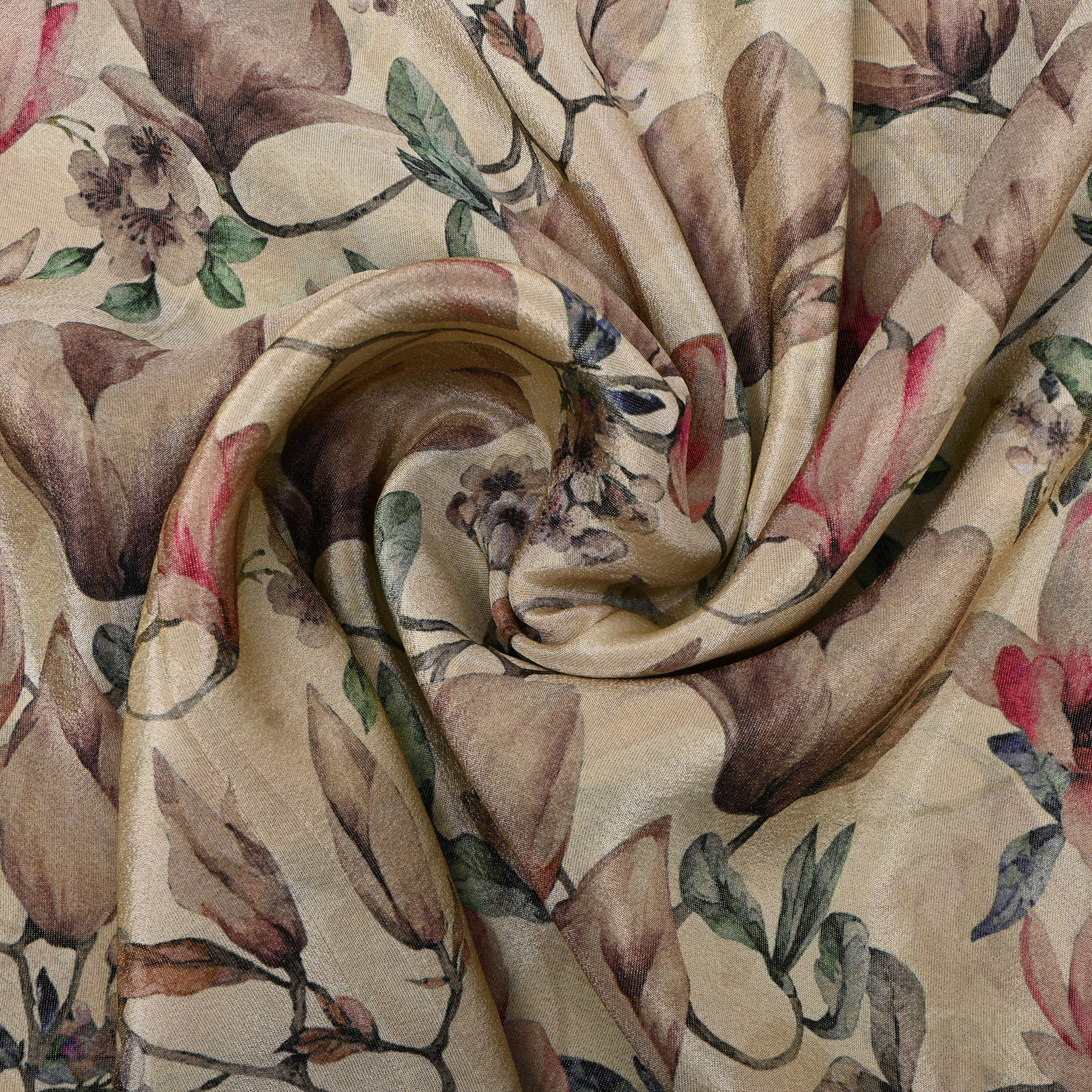 Beige Magnolia Digital Print Tissue Fabric