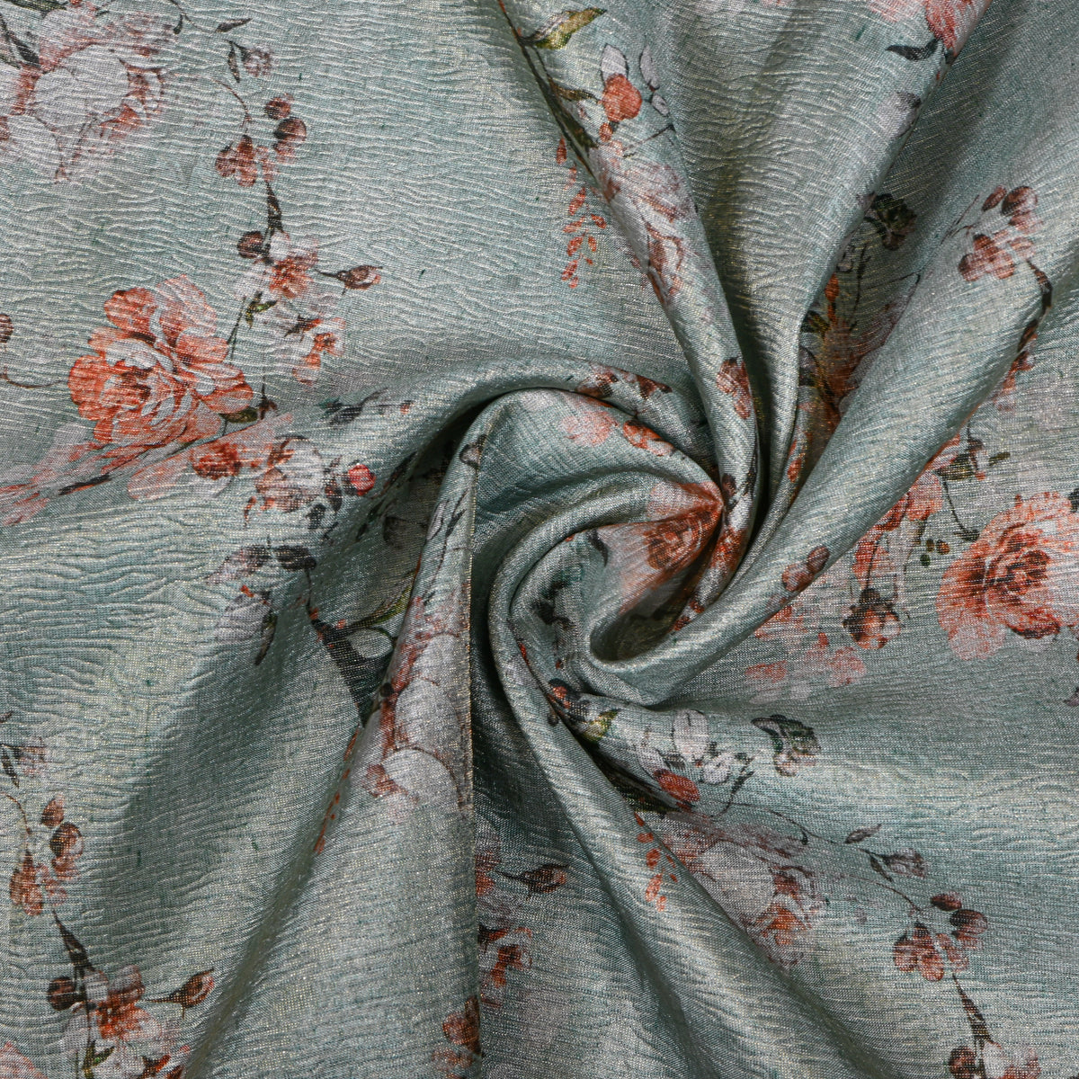 Seafoam Green Rose Spray Print Tussar Silk Fabric