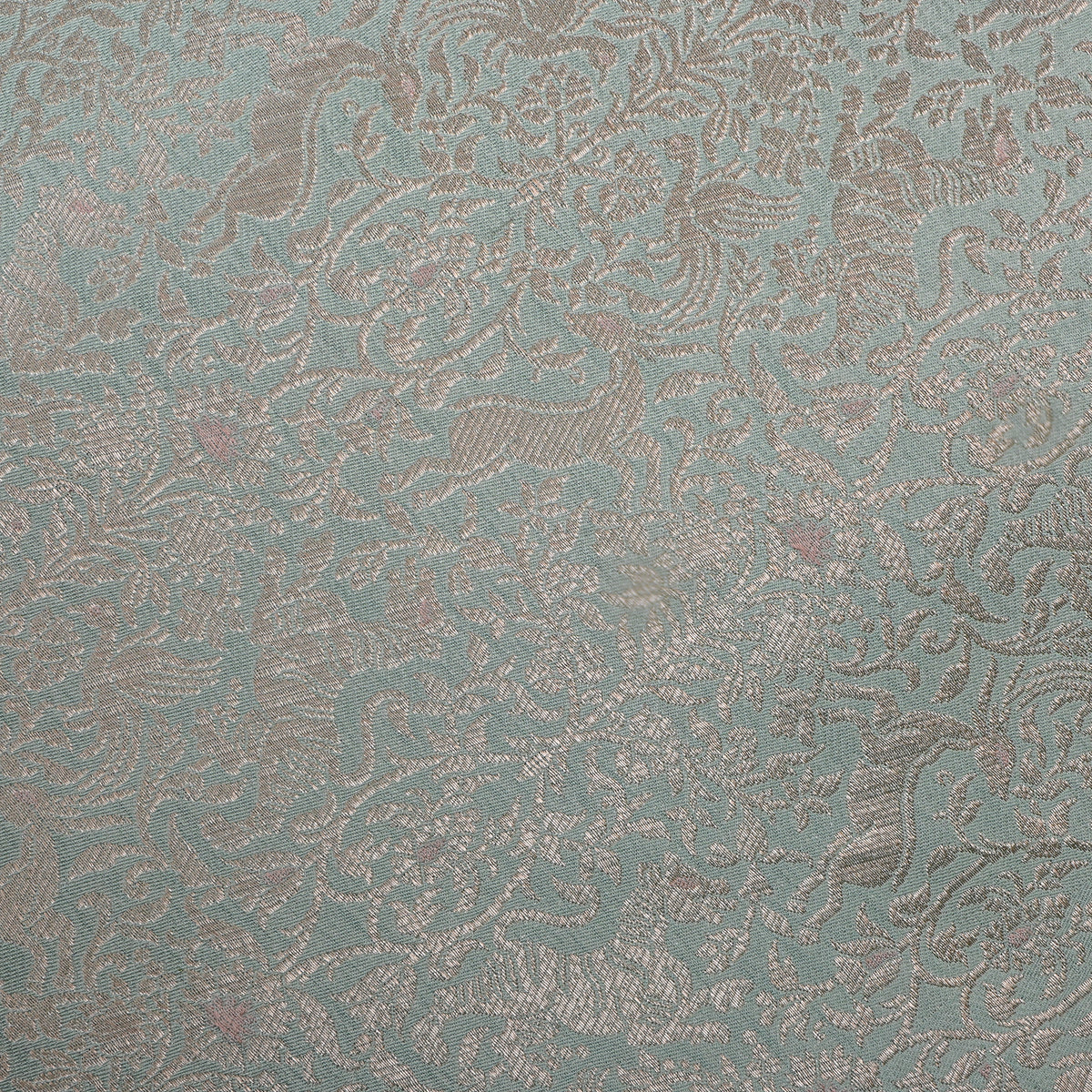 Sea Green Gold Zari Animal Motif Jamawar Silk Fabric