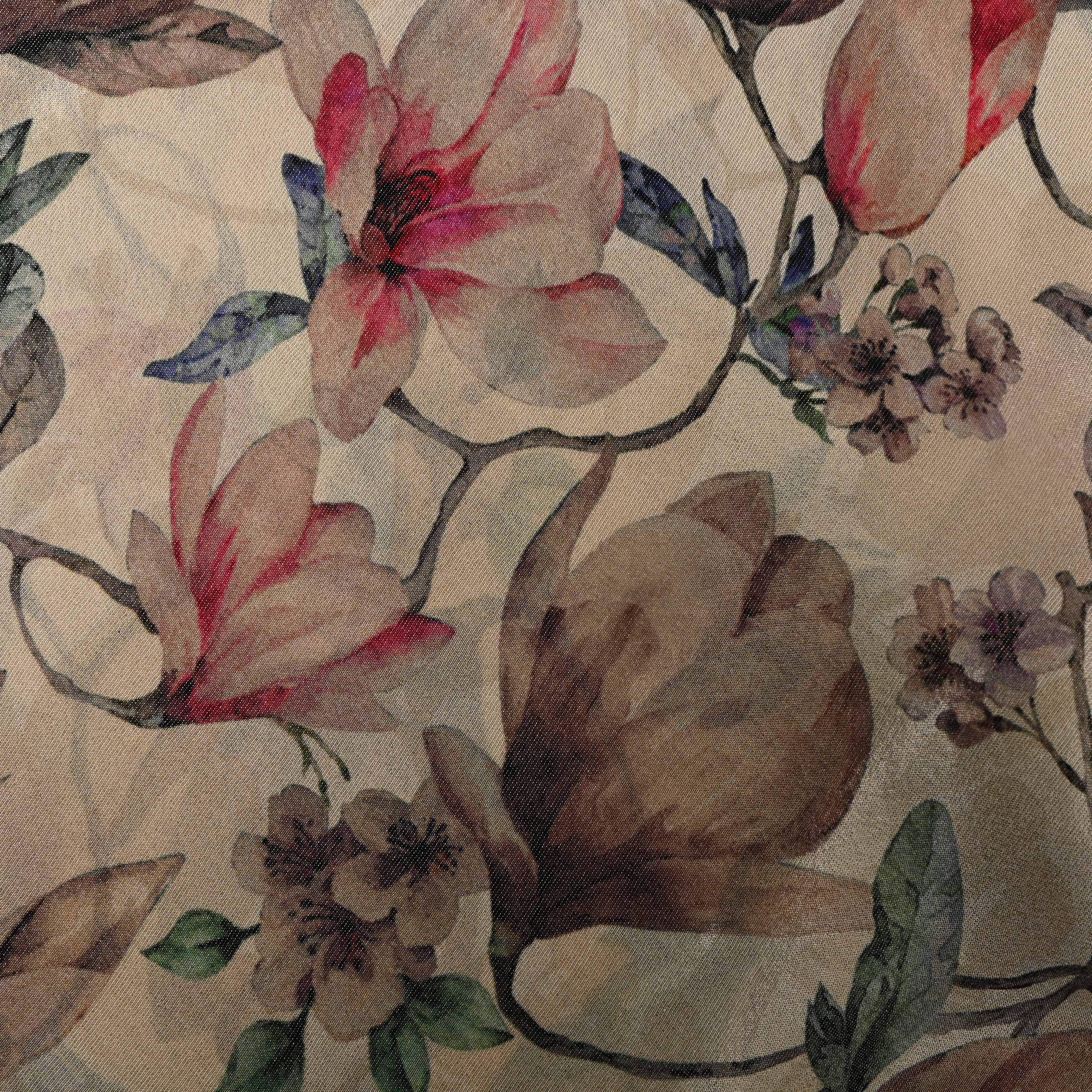 Beige Magnolia Digital Print Tissue Fabric