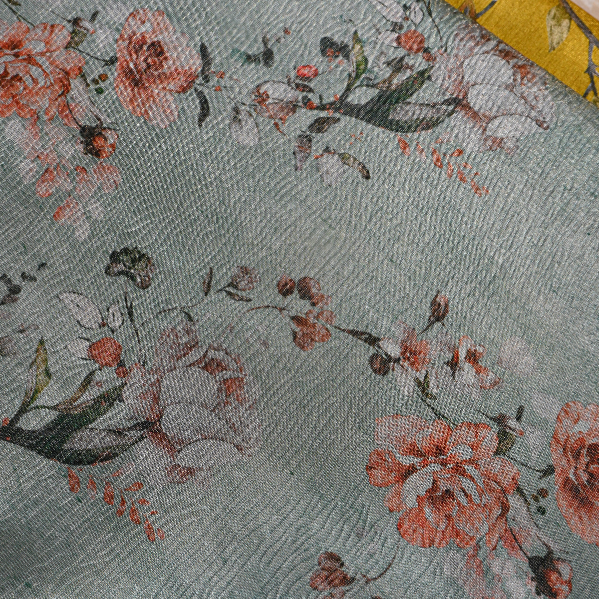 Seafoam Green Rose Spray Print Tussar Silk Fabric