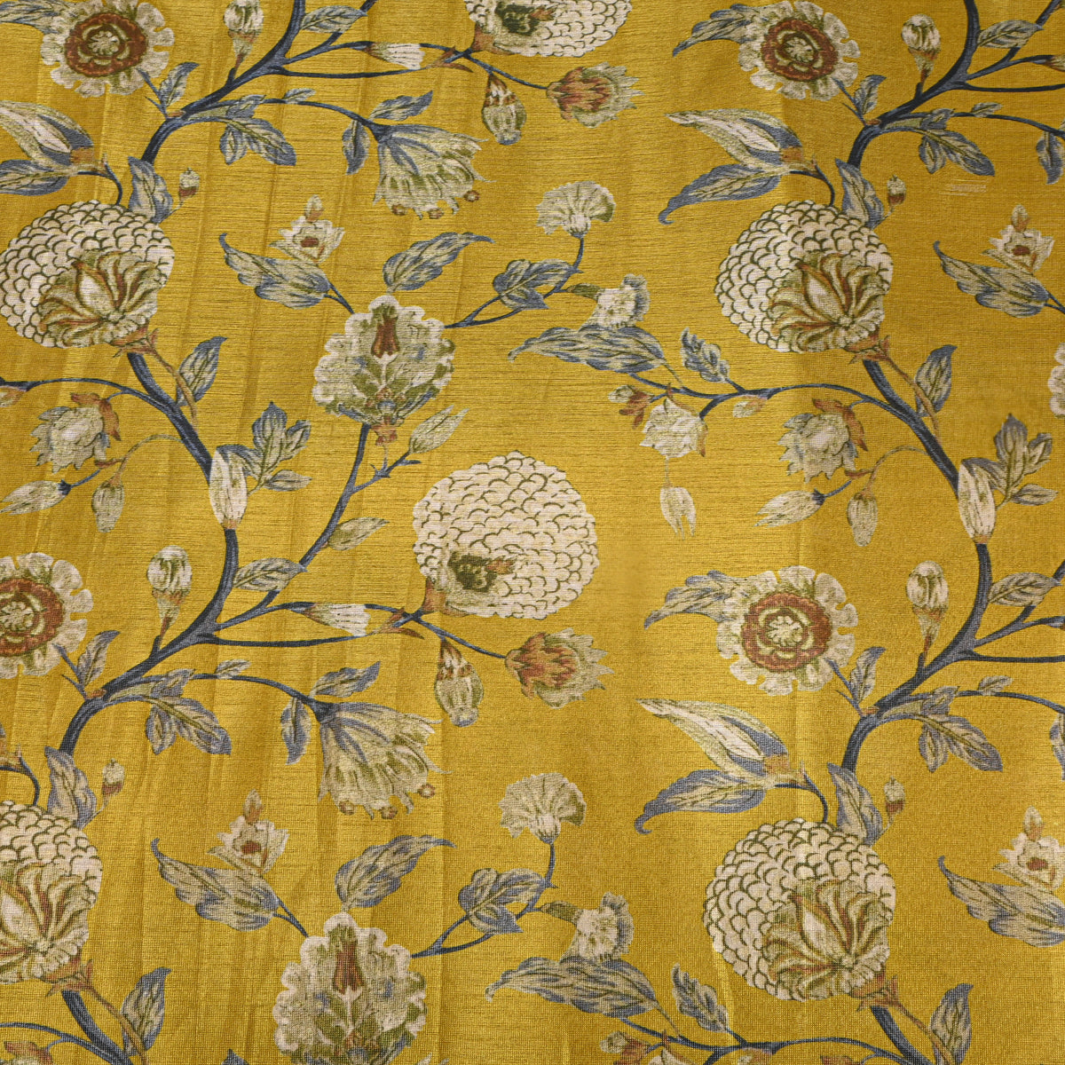 Mustard Yellow Vine Floral Tissue Fabric With Gold Border