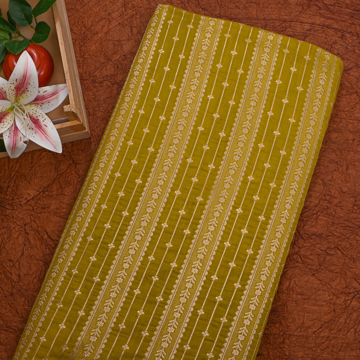 Green Gold Striped Floral Banarasi Silk Fabric