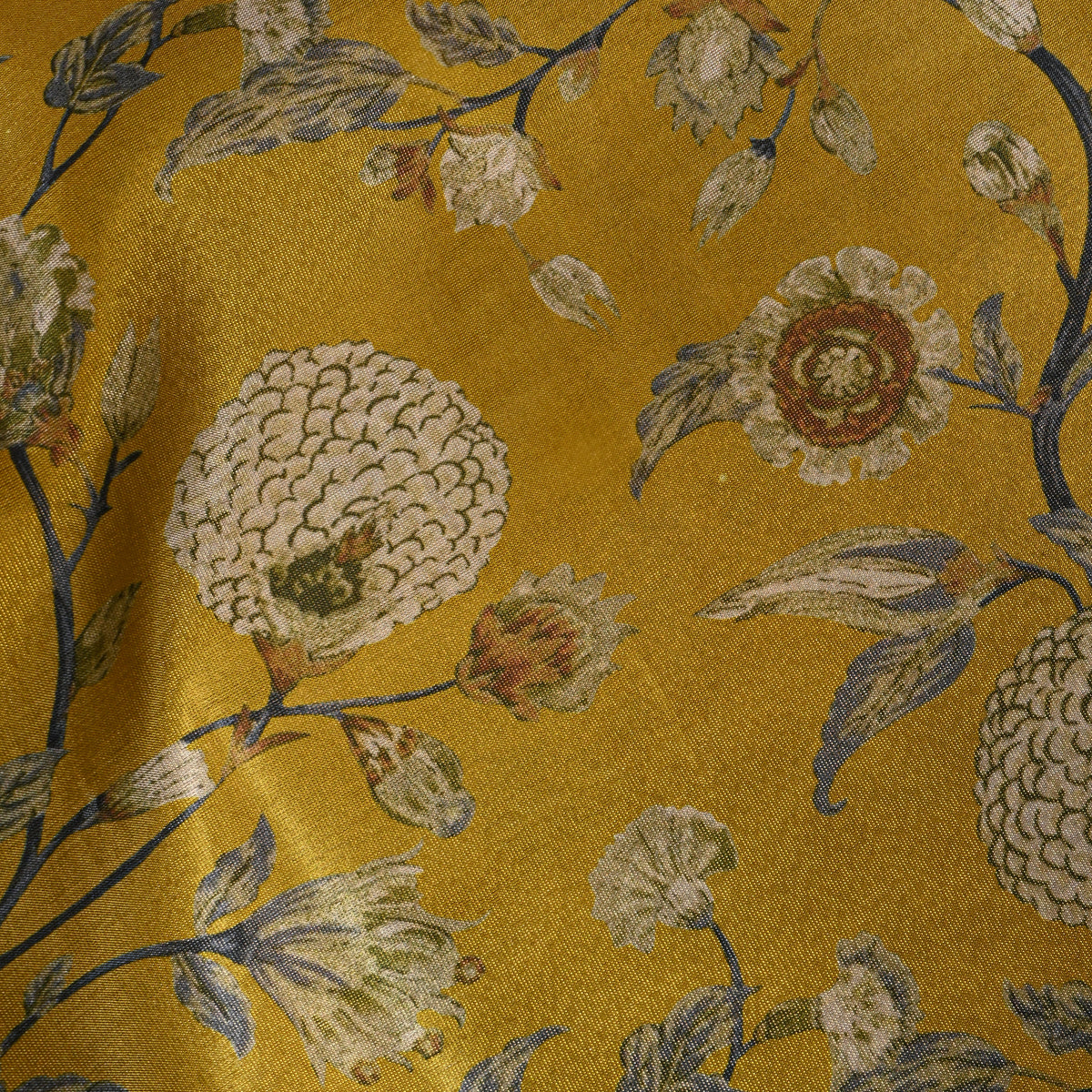 Mustard Yellow Vine Floral Tissue Fabric With Gold Border