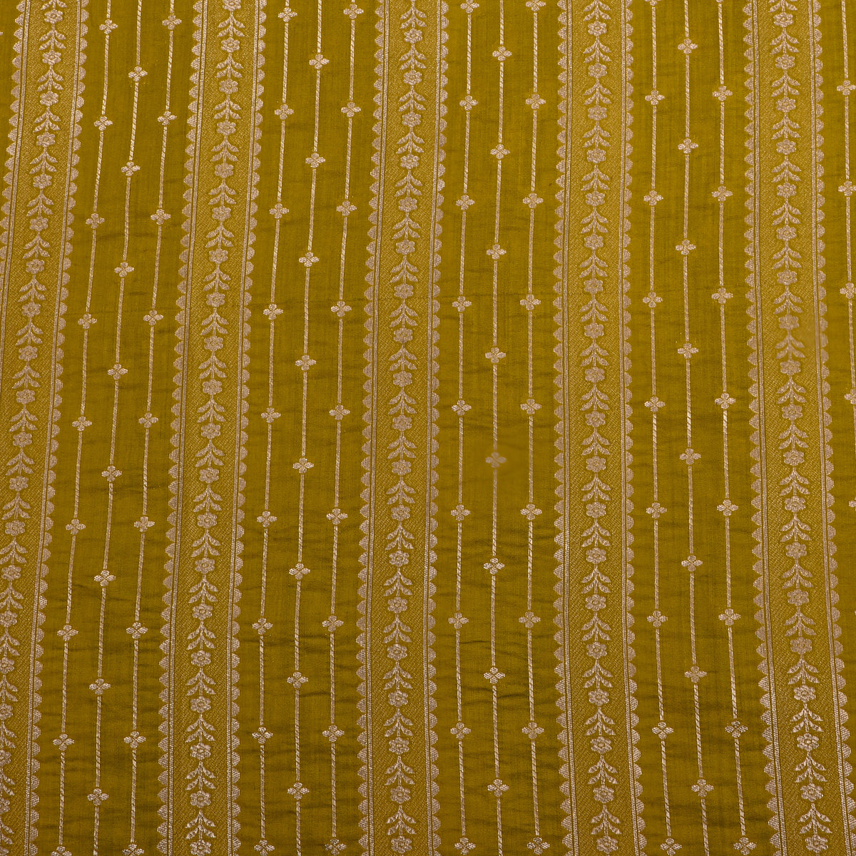 Green Gold Striped Floral Banarasi Silk Fabric