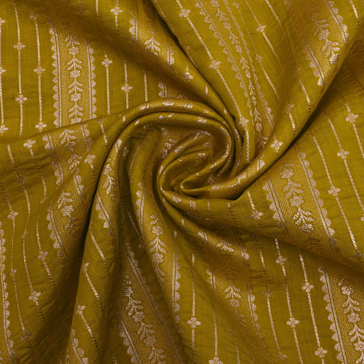 Green Gold Striped Floral Banarasi Silk Fabric