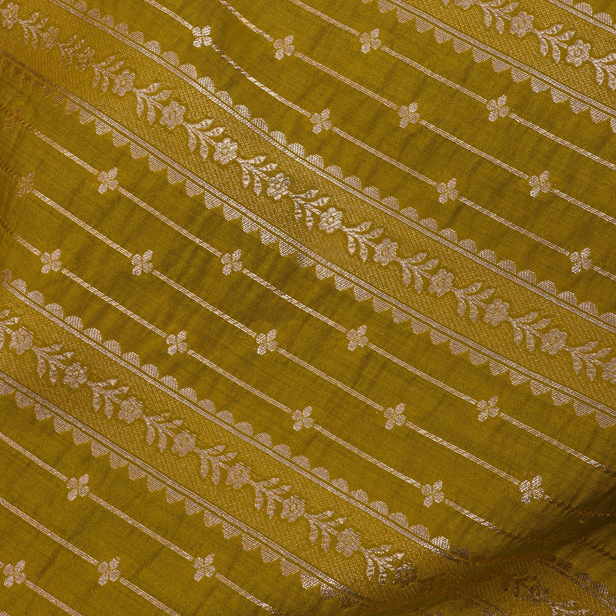 Green Gold Striped Floral Banarasi Silk Fabric
