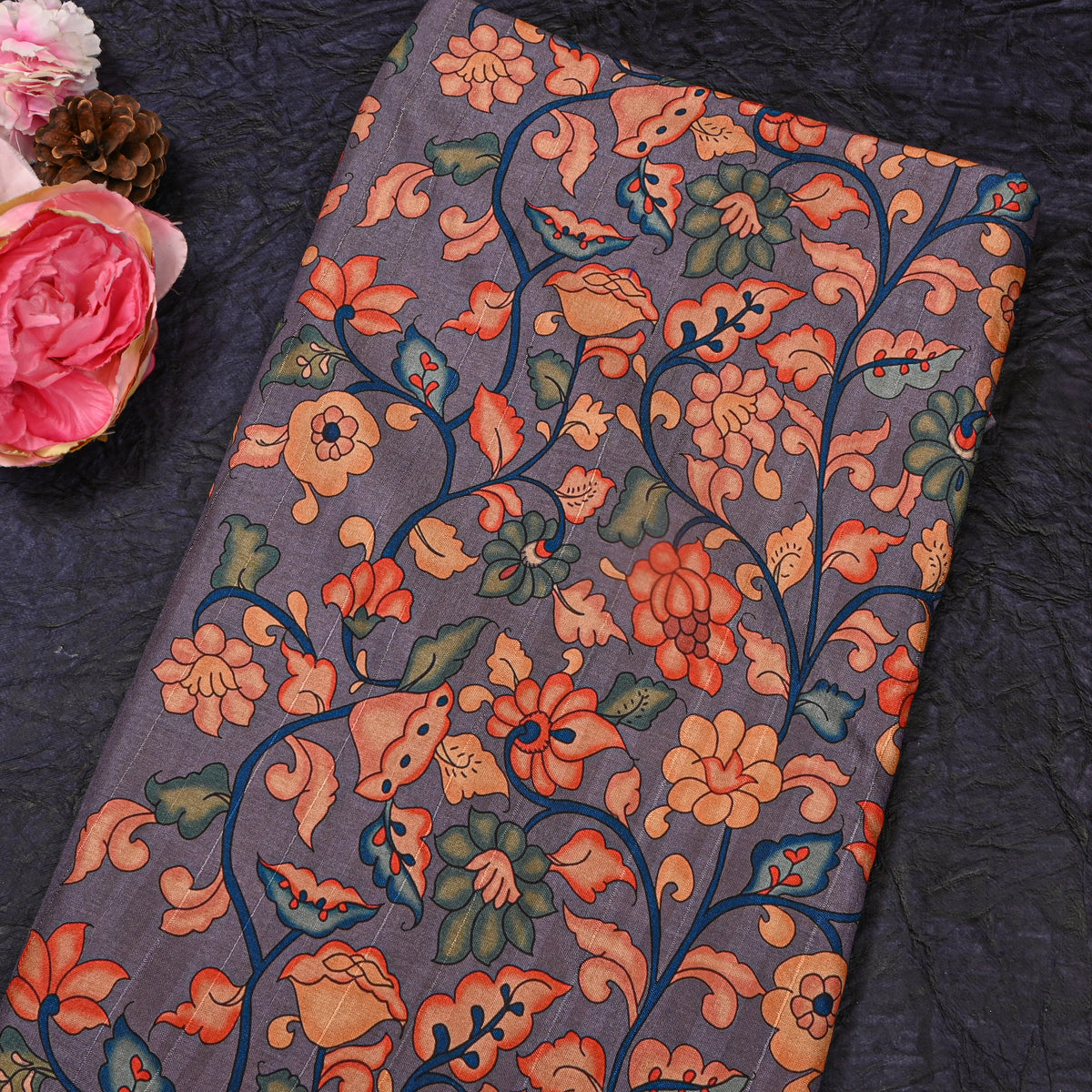Mauve Purple Climbing Vine Kalamkari Pen Print Dupion Silk Fabric
