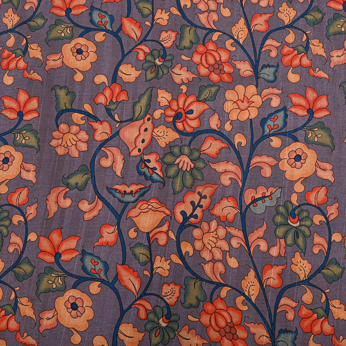 Mauve Purple Climbing Vine Kalamkari Pen Print Dupion Silk Fabric