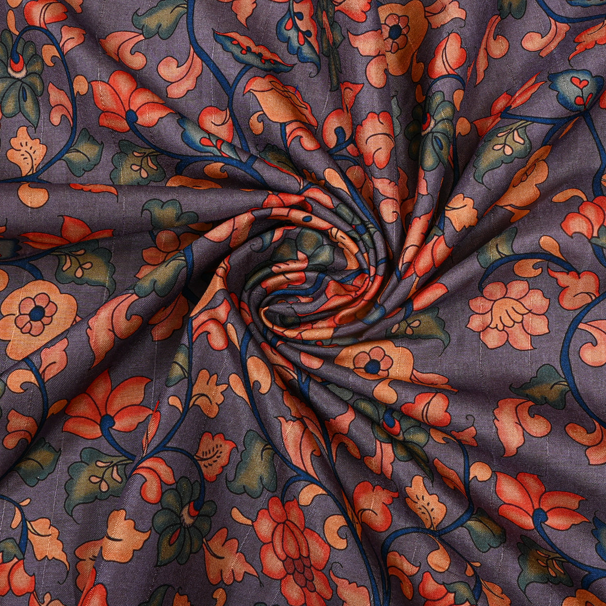 Mauve Purple Climbing Vine Kalamkari Pen Print Dupion Silk Fabric